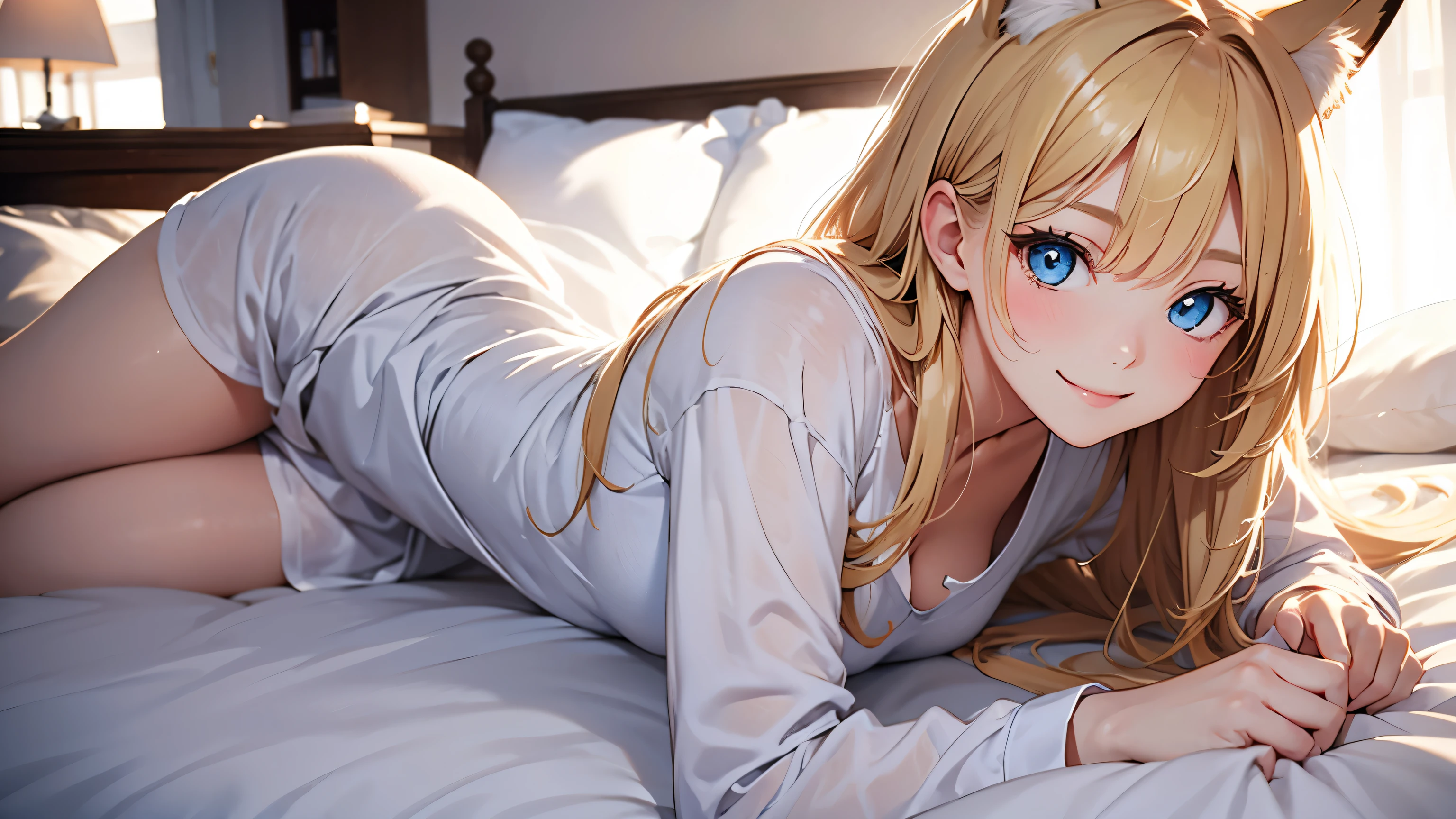 (one girl)、20-year-old、blonde、long hair、unkempt、(I feel sleepy)、Charming beautiful girl、white pajamas、fox ears、bangs、blue eyes、smile、bed、Waist to head、classic、aerial perspective、Detailed image、atmosphere、(transparent),(Pure)、perfect hands、Hands without distortion、