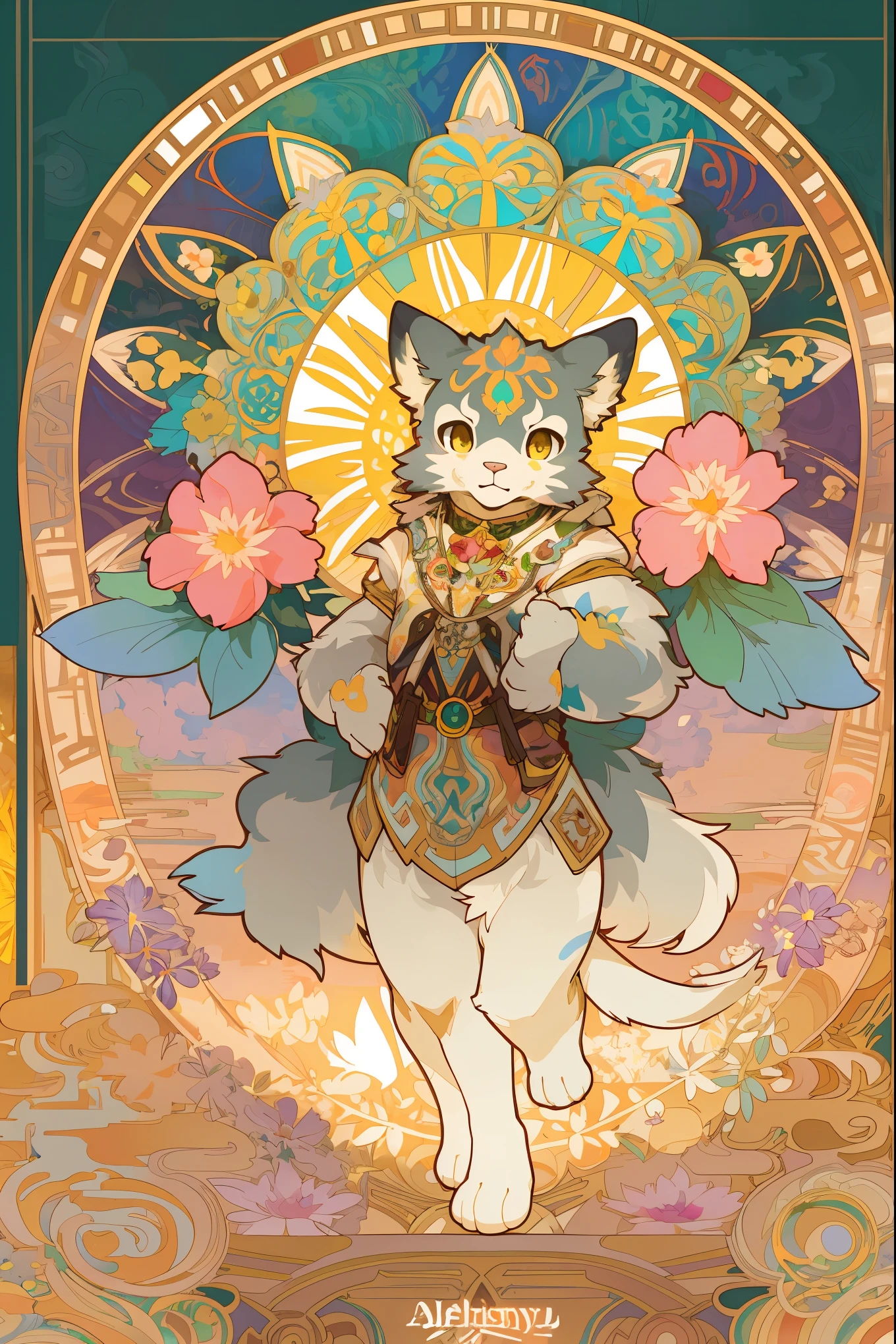 top quality, best quality, kaleidoscope, rzminjourney, vector-art, High-quality illustrations by Alfons Mucha, masterpiece(kemono, furry anthro)logo mark, round, colorful flower,