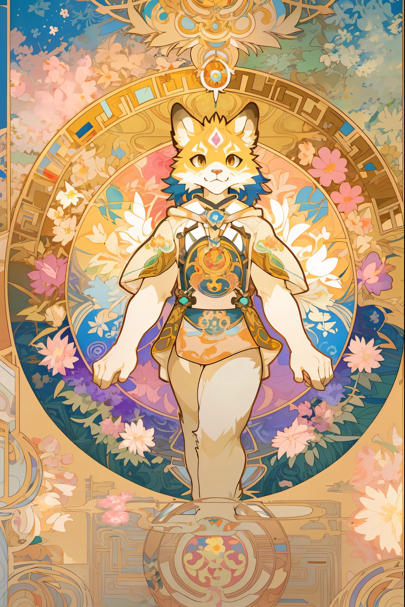top quality, best quality, kaleidoscope, rzminjourney, vector-art, High-quality illustrations by Alfons Mucha, masterpiece(kemono, furry anthro)logo mark, round, colorful flower,