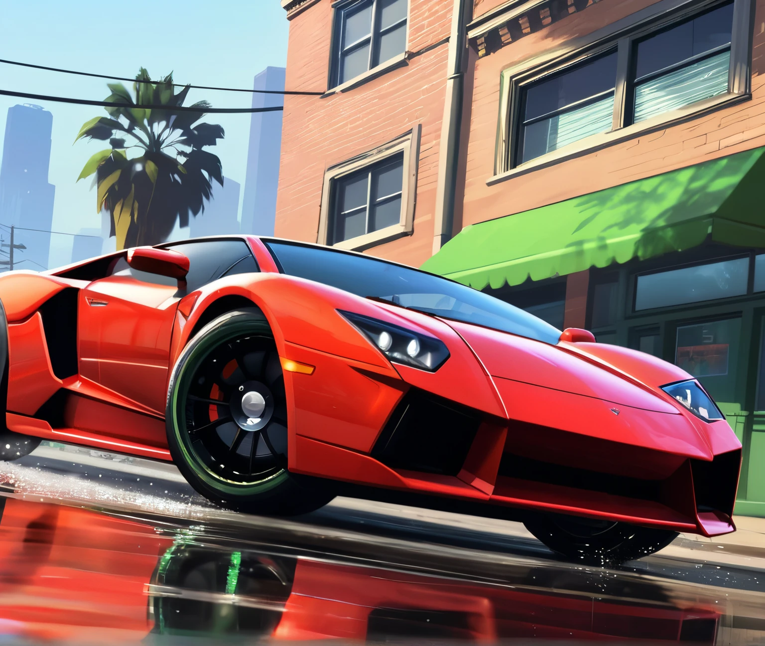 illustration, arte digital, (Estilo GTA 5:1.4), cores brilhantes, (estilo de desenho animado:1.2), estilo glamoroso, Melhor qualidade, Holistic, Alto detalhe, carro de corrida verde, fundo, detalhes elaborados, asobnya fundo, depois da chuva, Luz suave
