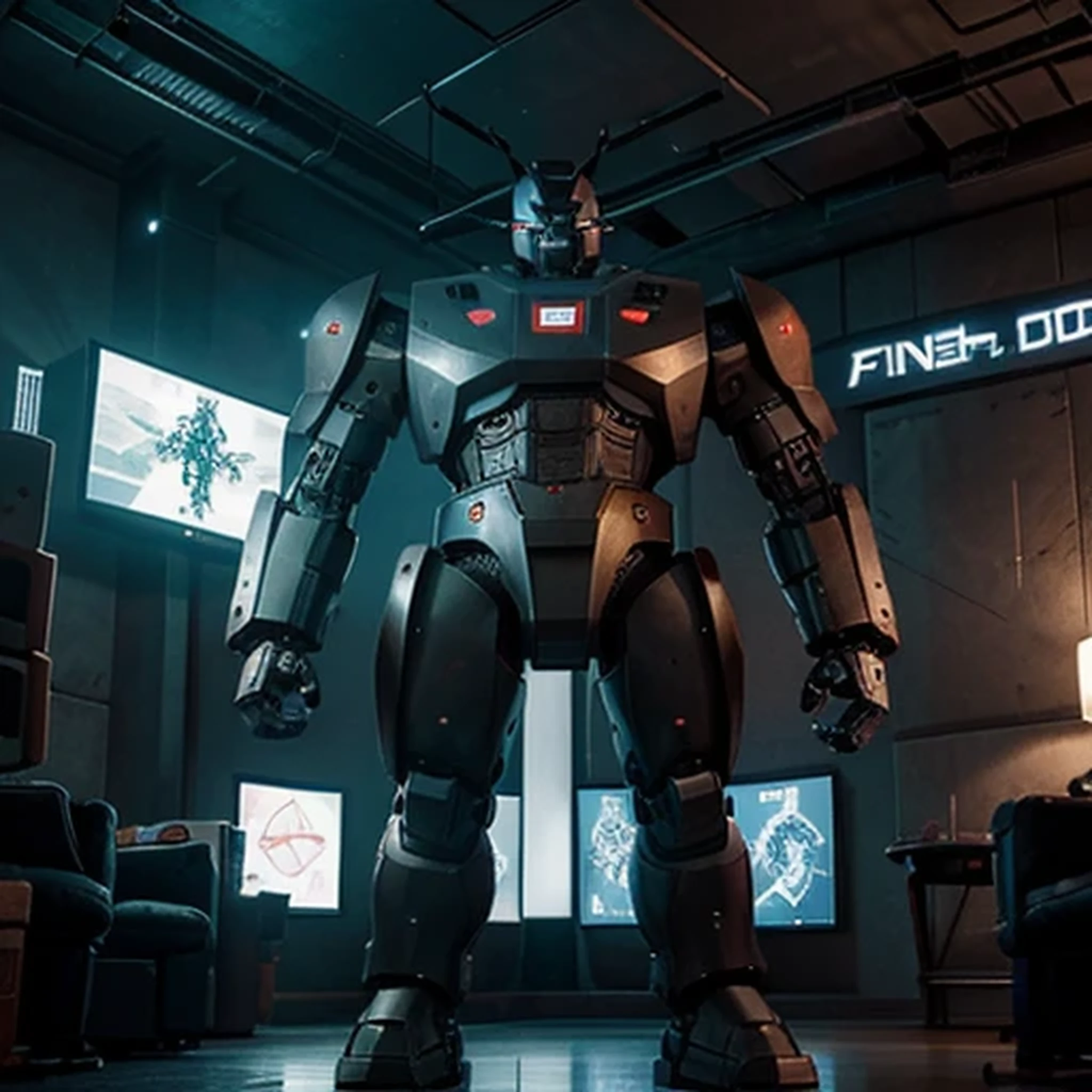 A giant robot with a man&#39;s face, with two giant hands, it is in a futurisct room, como um chefe de RPG