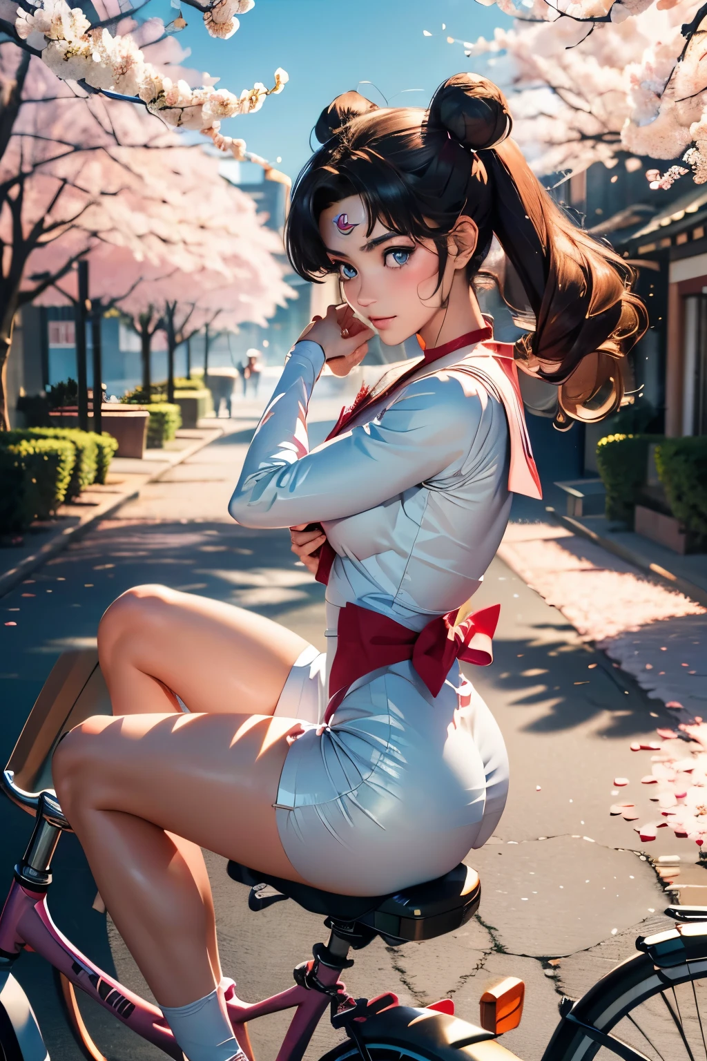 sailor moon, usagi,bicycle, bicycle basket, riding, solo, basket, 1girl, flower, shoes, water, riding bicycle, petals, outdoors, from side, cherry blossoms, chinese clothes, dress, white background, long sleeves, full body, masterpiece, best quality, Ultra-precise depiction, Ultra-detailed depiction, official art,highres, BREAK, (extremely beautiful face),(high detailed face),beautiful detailed eyes, detailed lashes,(shiny skin), makeup,(blushing face erotic), BREAK, full body, ((toned slim body)),beautiful ass, toned buttocks, beautiful legs, BREAK, (((nice hands, perfect hands))), ((very beautiful breast)), BREAK, looking at the viewer, (((background that matches the character's situation and colors)))