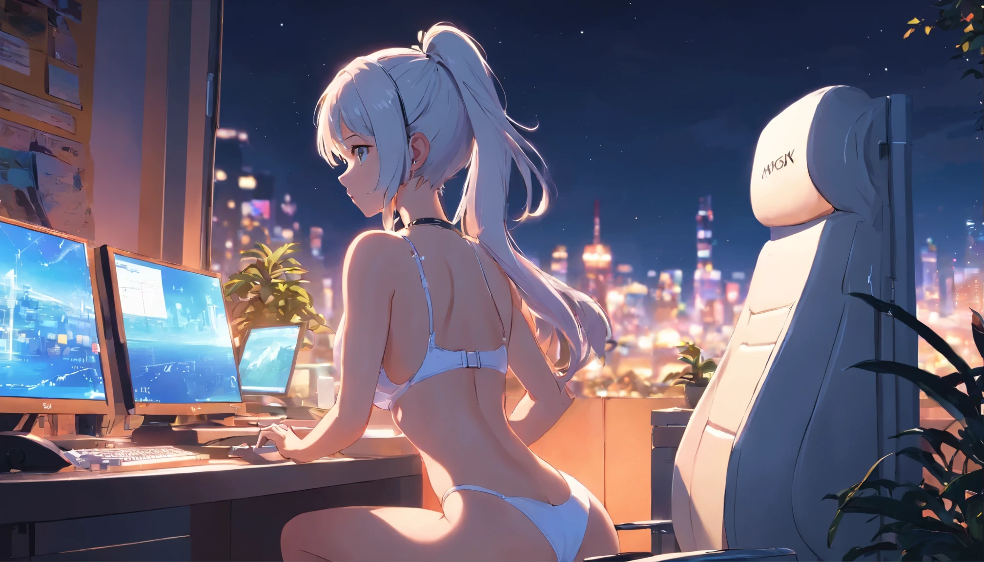 a girl, anime girl wearing white headphones, wearing a Calvin Klein underwear, athlete swimsuit, she is wearing a thong, T-back, thong, G-string, black hair, show off her buttocks, well-defined buttocks, 29 years old, white gaming PC, white gaming chair, Exposed cleavage, big breasts H-cup, accentuate the cleavage, accentuate big, wearing a black garter belt, revealing skin, Owner of beautiful legs, nice legs, lovely pins, lofi girl anime vibes, lofi artstyle, anime style 4k, anime aesthetic, nightcore, lofi feel, lofi art, anime art wallpaper 4k, anime wallpaper 4k, lofi vibes, plants in the room, city view, white headphone, she is programming, typing, white keyboard, She is looking at a white monitor, a white computer mouse, all devises are white color, sitting on a white gaming chair, one thick candle is lighting, Night city lights illuminate the room, full moon, short ponytail, Full body shot, full body, anime style, cinematic lighting, Sony FE GM, masterpiece, best quality, 4K