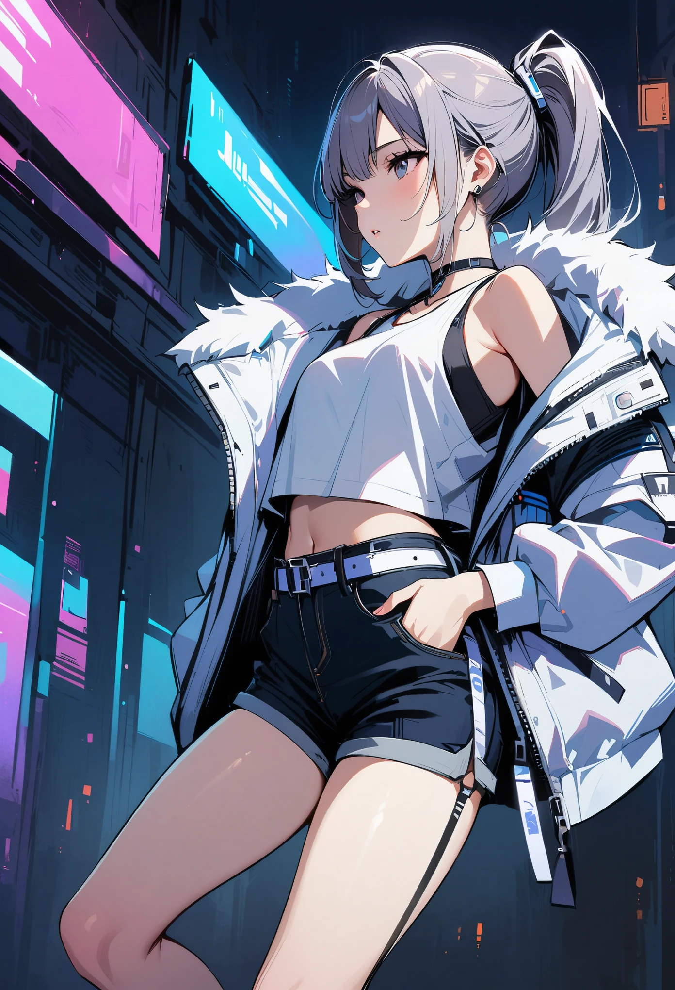 young girl, gray short hair, gray eyes, high ponytail, cyberpunk, white top, shorts, fur coat, masterpiece, high quality, silver wolf, oversized vest
