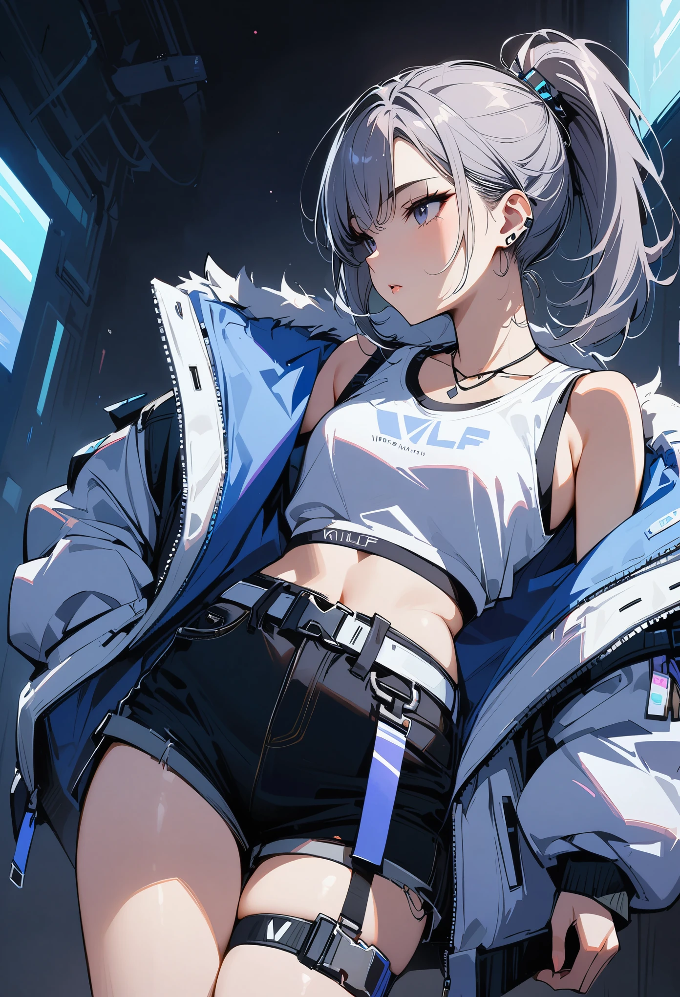 young girl, gray short hair, gray eyes, high ponytail, cyberpunk, white top, shorts, fur coat, masterpiece, high quality, silver wolf, oversized vest
