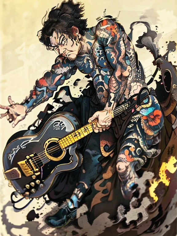 A shaved man plays a black acoustic guitar shirtless，gray hair，Floating world style，KHD，simple background，（angry look），master piece，KHD、
