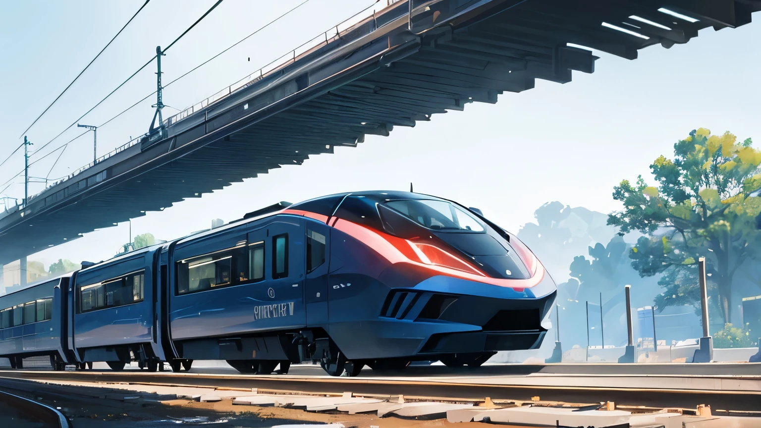 The image portrays a futuristic train zooming rapidly along magnetic suspension rails, captured in a close-up view. The train, boasting a sleek and elegant design, effortlessly glides above the ground with cutting-edge technology. Its streamlined and modern appearance suggests both speed and progress, while its lack of contact with the ground implies a smooth and efficient journey. As it speeds past, it leaves behind a trail of energy and modernity, hinting at an exhilarating future in transportation.