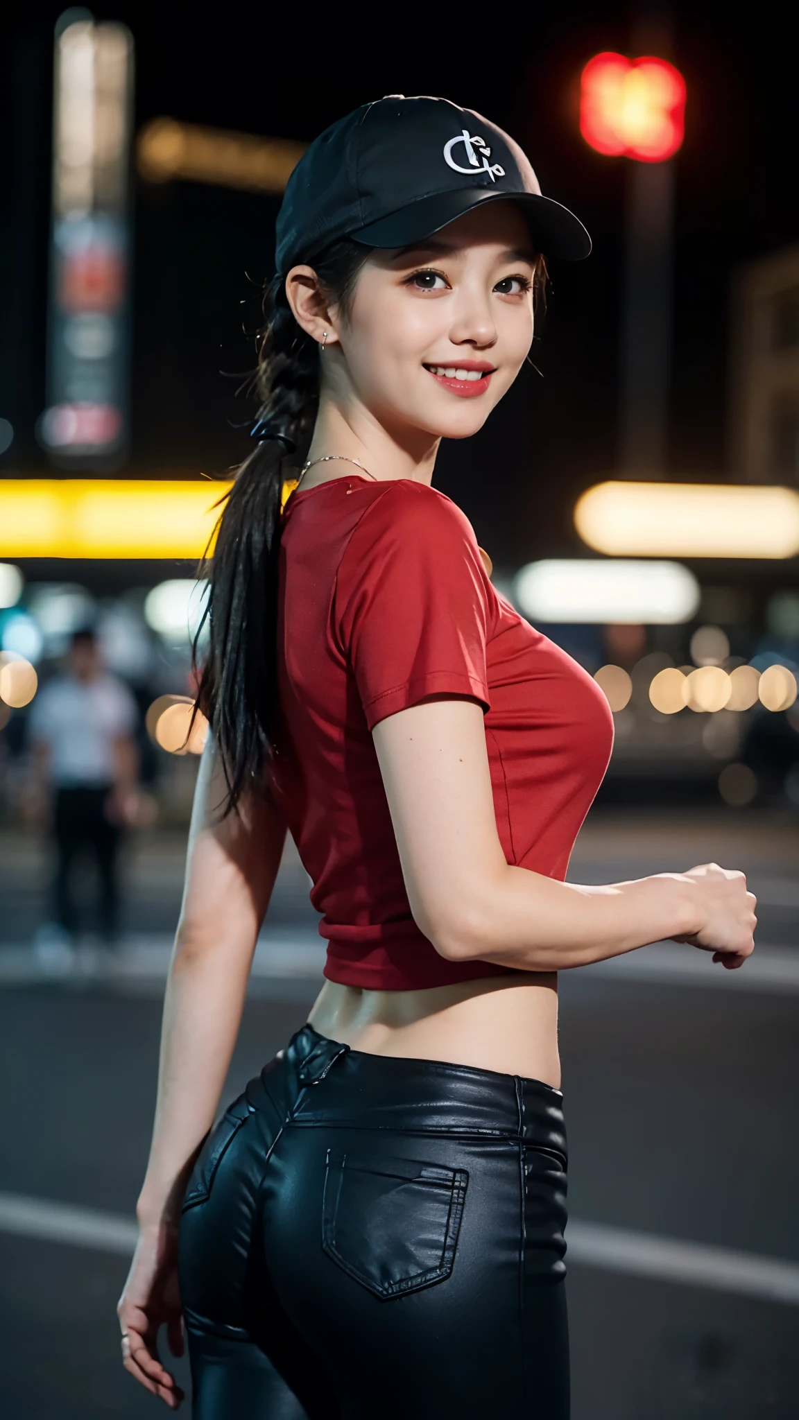 Upscale variant Remove background generated data tips Upgrade 8K, Masterpiece, RAW photo, Best quality, Photorealistic, Extremely detailed Cg Unity 8K wallpaper, Depth of field, Cinematic light, Lens flare, Ray tracing, (Extremely beautiful face, Beautiful lips, Beautiful eyes), intricate detail face, ((ultra detailed skin)) 1girll, In the dark, deepshadow, Pretty Korean girl, Kpop idol,(Very slim and slender muscular body), ((view the viewer)),(Big smile), (Fashion night, (neon lights sign), (The background is blurred out), midnight, (Vacant cities), (No one is in the background), Pretty Korean girl, White diamond earrings, Diameter bracelet, Dia necklace, Clear eyes, Walking , front footage, (Pale skin), Face forward, (Big eyes), ((upperbody shots)), (baseball cap("c" making)), ((black legging pants)), (camel-toe, Shape), ((Red T-shirt)), (pony tails) (view the viewer), Medium breasts,((Smile))