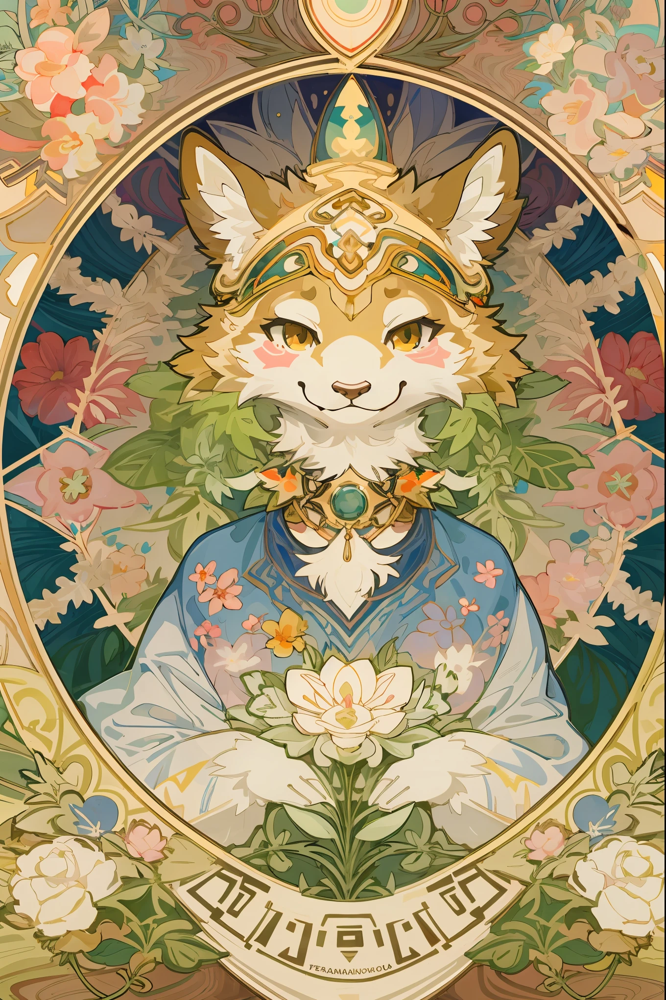 top quality, best quality, kaleidoscope, rzminjourney, vector-art, High-quality illustrations by Alfons Mucha, masterpiece(kemono, furry anthro)logo mark, round, colorful flower,