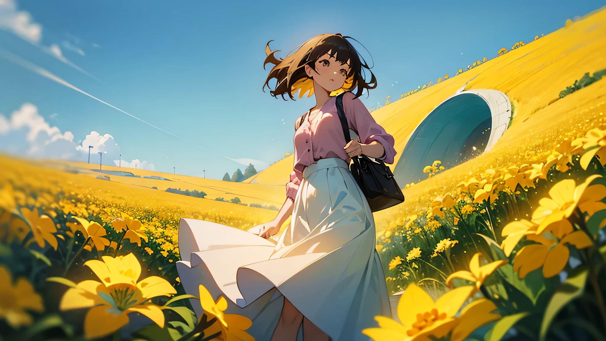 masterpiece, highest quality, very detailed, anime,Imagine rolling hills facing the sea.。, The curves of a landscape illuminated by the golden light of a spring afternoon. The hills are covered with a vibrant sea of yellow rape blossoms in full bloom, Creates waves of color that shimmer in the sunlight. Standing in this colorful embrace is、A young girl wearing a delicate pastel ensemble that captures the essence of the season.。. Her outfit includes soft, Pair a flowing skirt with a comfortable cotton blouse, and over her shoulder, Elegantly draped thin cardigans and shawls. Swaying in the soft sea breeze. her hair is a shaggy bob, Chains as dark as the twilight sky, Provides a sharp contrast to the bright yellow color of canola。. on her back, A brown leather shoulder bag is hanging diagonally., Complements the earthy tones of the scene. The air is alive with the freshness of spring, and the girl stopped, A serene figure surrounded by the beauty of nature's canvas.
