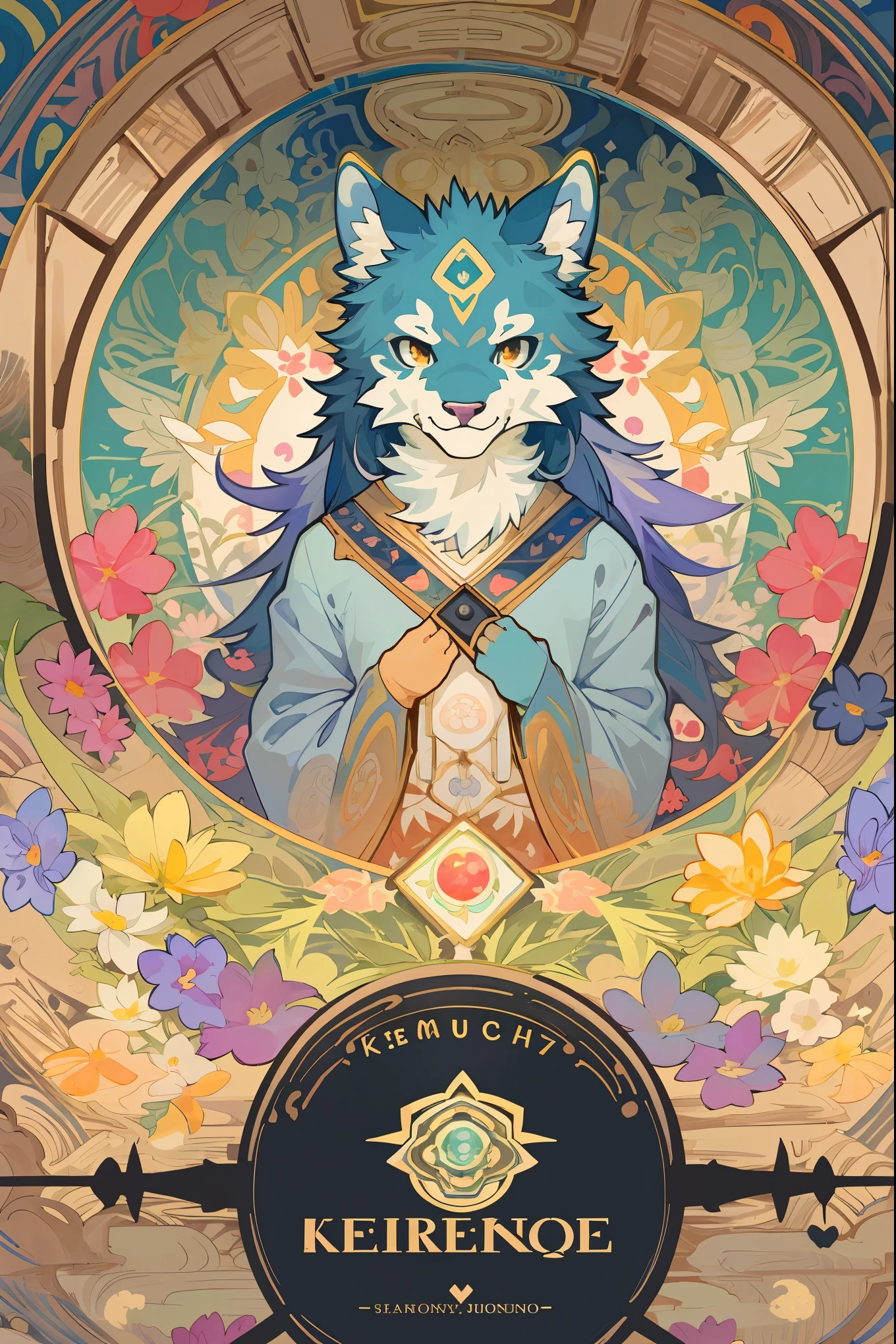 top quality, best quality, kaleidoscope, rzminjourney, vector-art, High-quality illustrations by Alfons Mucha, masterpiece(kemono, furry anthro)logo mark, round, colorful flower,