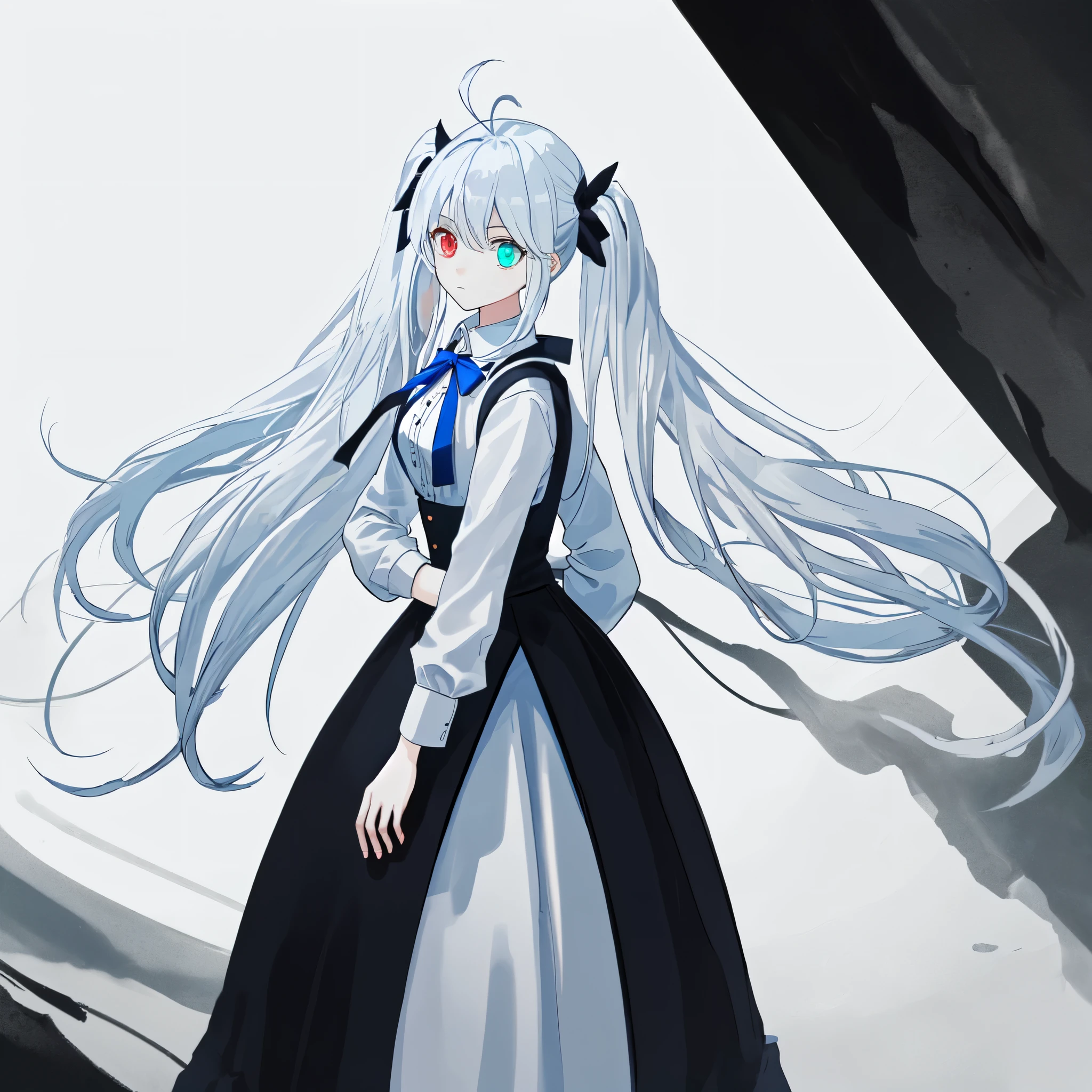 (highest quality, masterpiece), 1 girl, (female focus), Ahoge, white blue hair, ((white shirt), (overfit schlit)), long hair, Are standing, twin tails, [[[Mild heterochromia]]], atmosphere shrouded in darkness,dark,darkness,despair