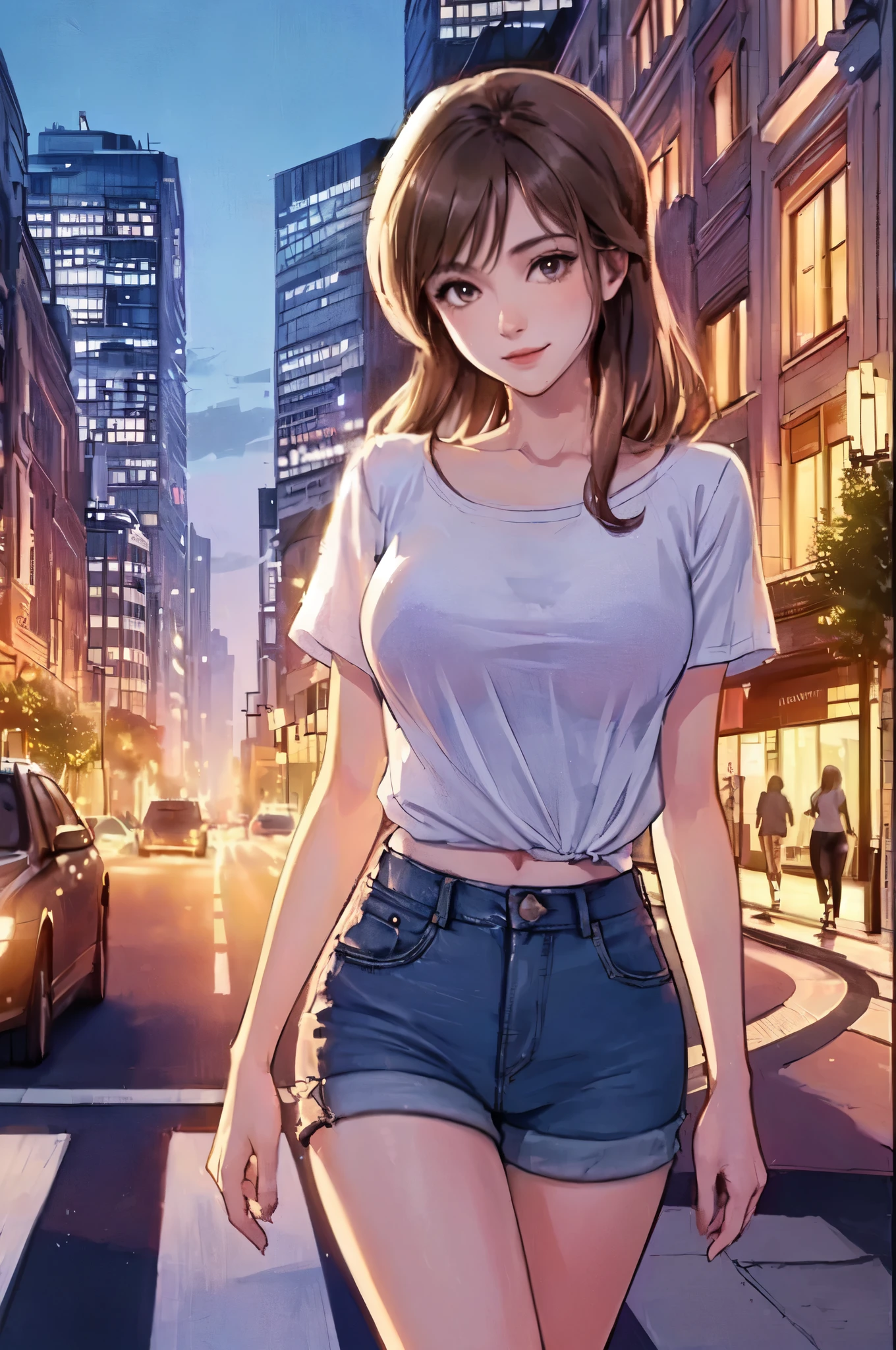 1lady solo, (strolling through city), (short white T-shirt:1.2) stylish (denim pants), mature female, /(light brown hair/), kind smile, (masterpiece best quality:1.2) delicate illustration ultra-detailed, large breasts BREAK (luxurious downtown street) outdoors, night, cityscape, detailed background
