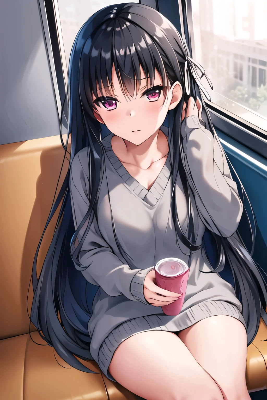 masterpiece, highest quality, High resolution, Azune, long hair, black hair, (single edge:1.2), hair ribbon,pink eyes,(gray knit sweater dress)(grey),V-neck,sit across from each other on the train,scenery