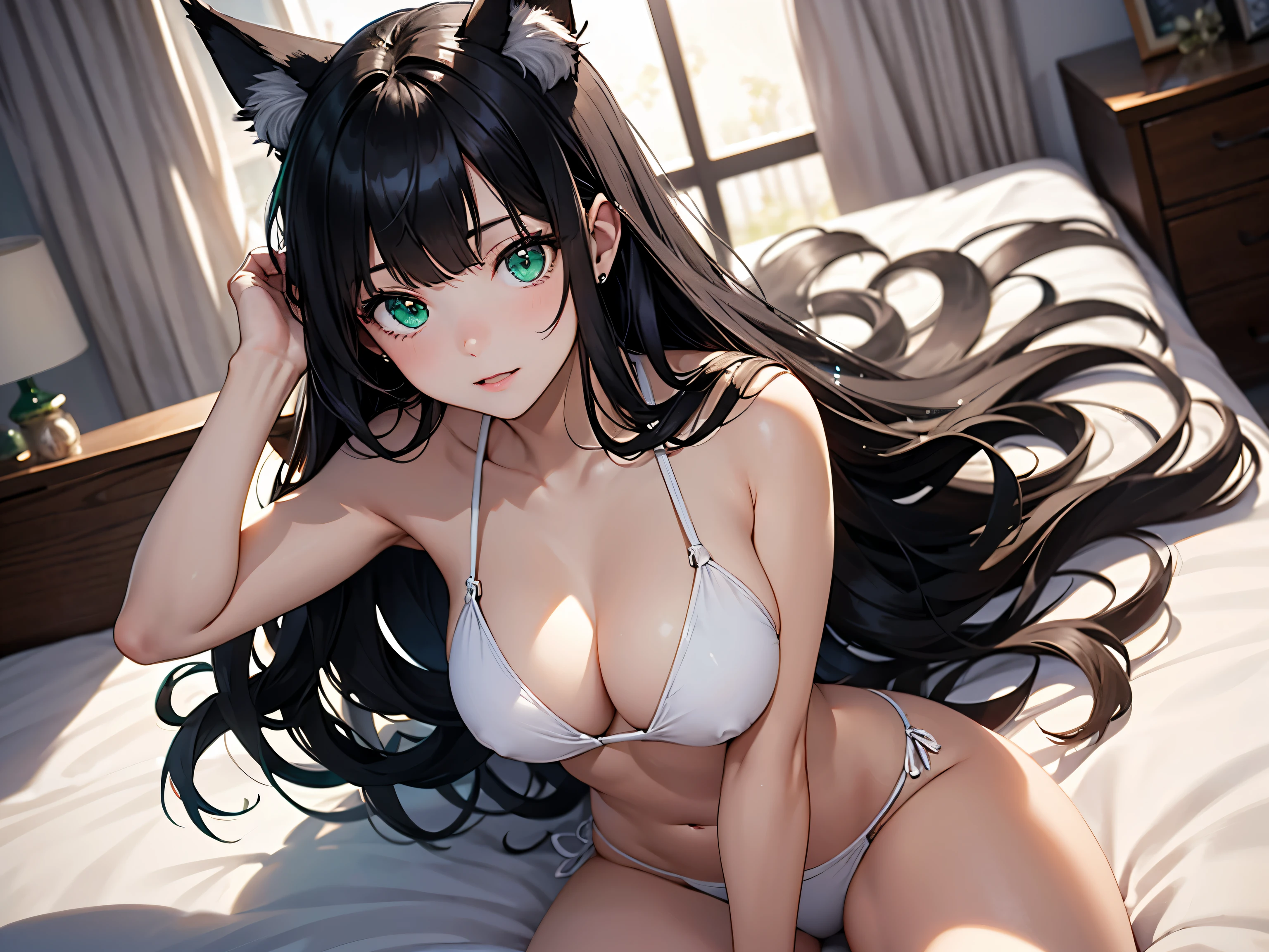 one girl、19 years old、black hair、long wavy hair、[Mysterious Beautiful Girl]、white layered bikini、fox ears、bangs、emerald green eyes、looks fun、sparkling eyes、narrow eyes、Turn your face to the bed、From thighs to head、classic、aerial perspective、Detailed image、atmosphere、(transparent),(Pure),perfect right and left hand、