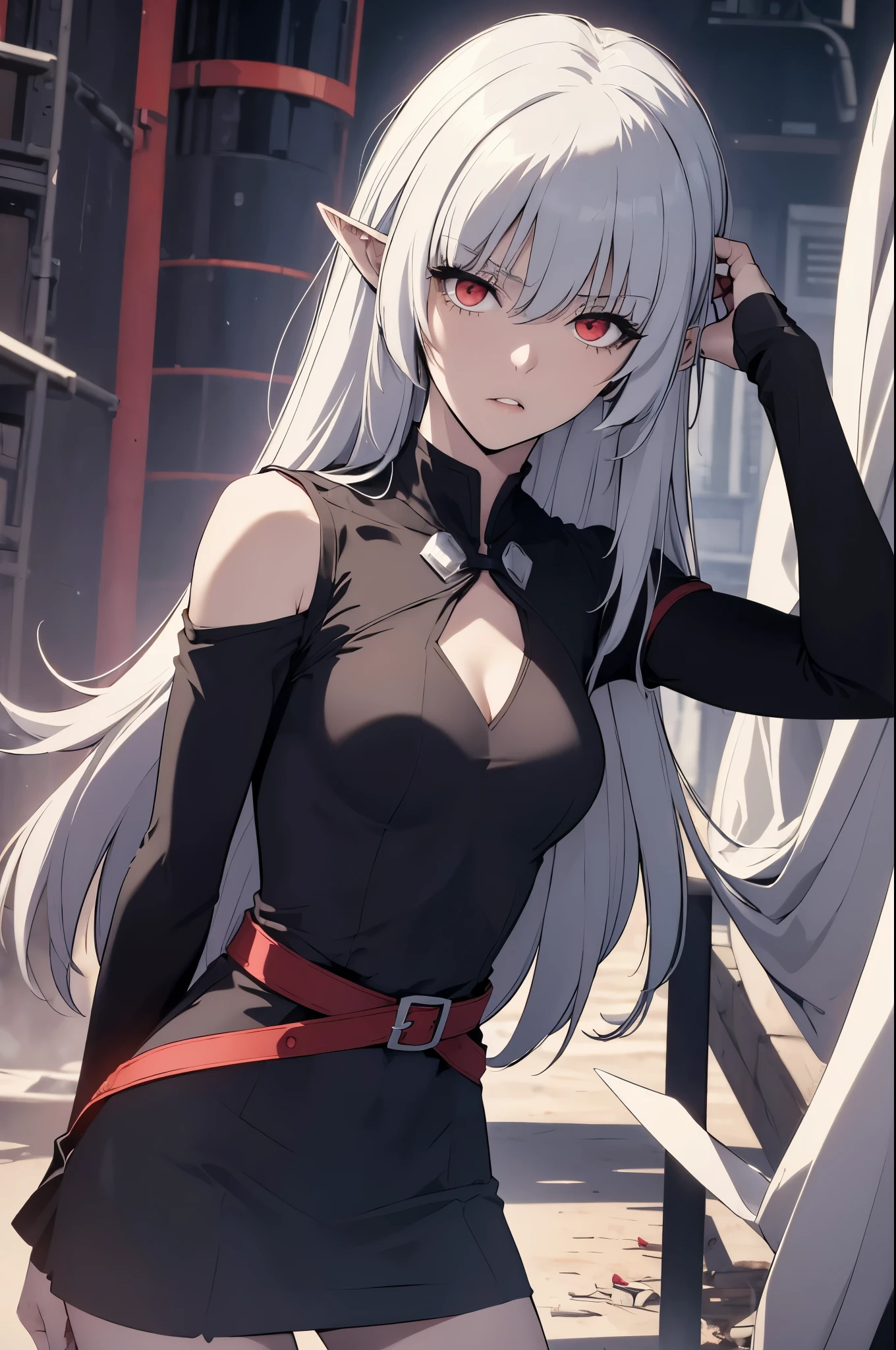 alice,vampire,grey hair, long hair, red eyes, pointy ears, small breasts,4k, raw camera, highres, detailed, masterpiece, portrait, aesthetic, beautiful, best quality, highly detaile, best quality clothing, aesthetic clothings, professional angle, rule of thirds, Feminine, delicate, beautiful, 19 years, attractive, solo, 1 girl, (Akame), (In the Abandoned park), (Upper Body ), ((From Front)), (Night), ((Serious)), (Very Long Hair,  Very Straight Hair, Irregular Fringe, loose hair Hair, - in hair), (Open Eyes, , Natural Eyes, Impetuous Gaze Gaze), Light Skin, (Standing), ((-)), -, -, (Closed Mouth), (Natural Lips), (Average Bust), ((Arms Down)), ((Black one-piece dress with armhole sleeves), Mini black skirt, Red Belt with protector on the left side, red Tie, (High quality Clothing), ( Neckline)), beautiful body, beautiful eyes, shiny eyes, shiny hair, beautiful mouth, beautiful lips, beautiful face
