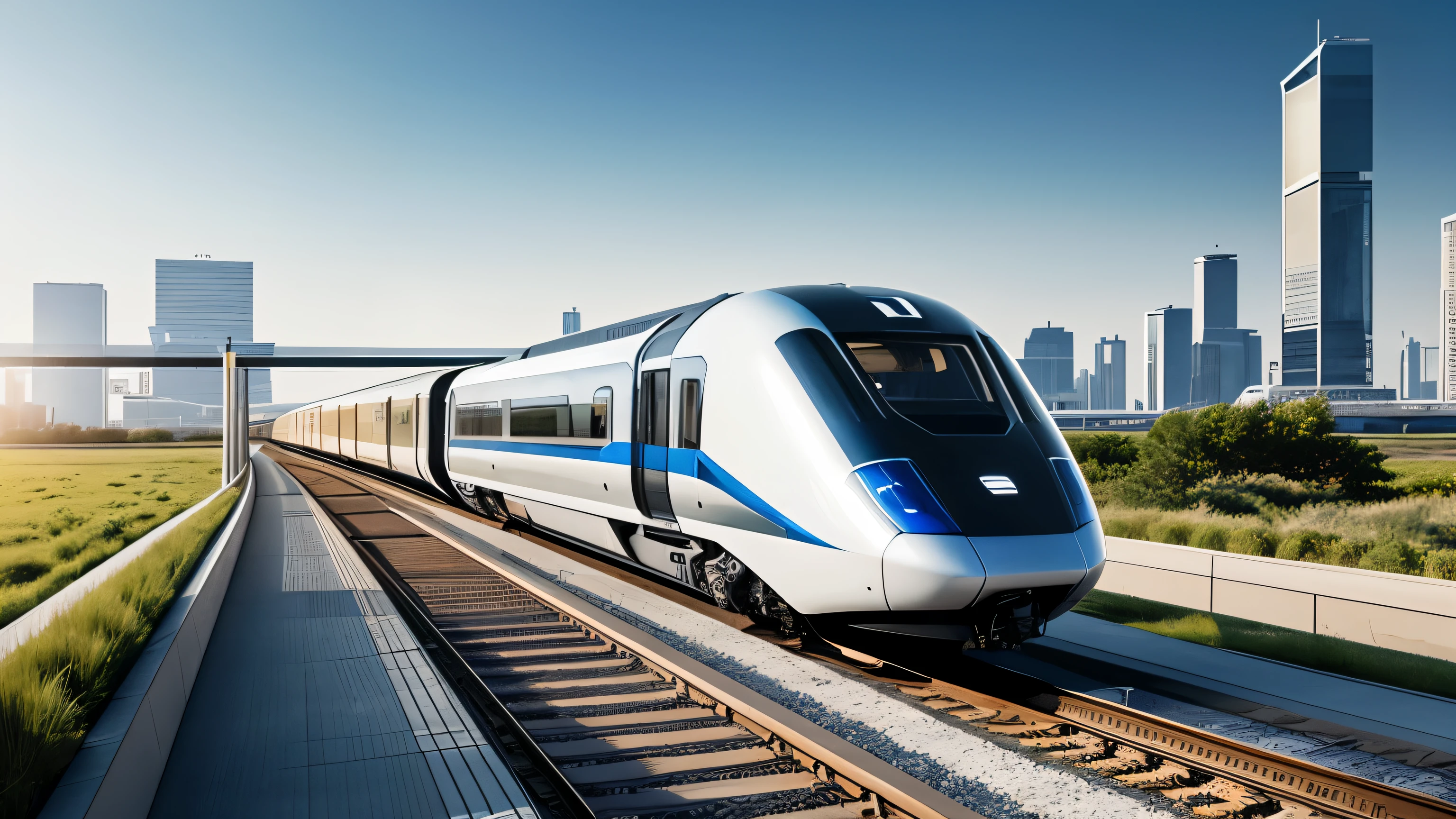 The image shows a futuristic train moving rapidly along magnetic suspension rails., capturado en una vista de primer plano. El tren, with a sleek and elegant design, Glides effortlessly over the floor with cutting-edge technology.. Su apariencia estilizada y moderna sugiere velocidad y progreso., mientras que su falta de contacto con el suelo implica un viaje fluido y eficiente. As it passes quickly, leaves behind a trail of energy and modernity, insinuando un futuro emocionante en el transporte.