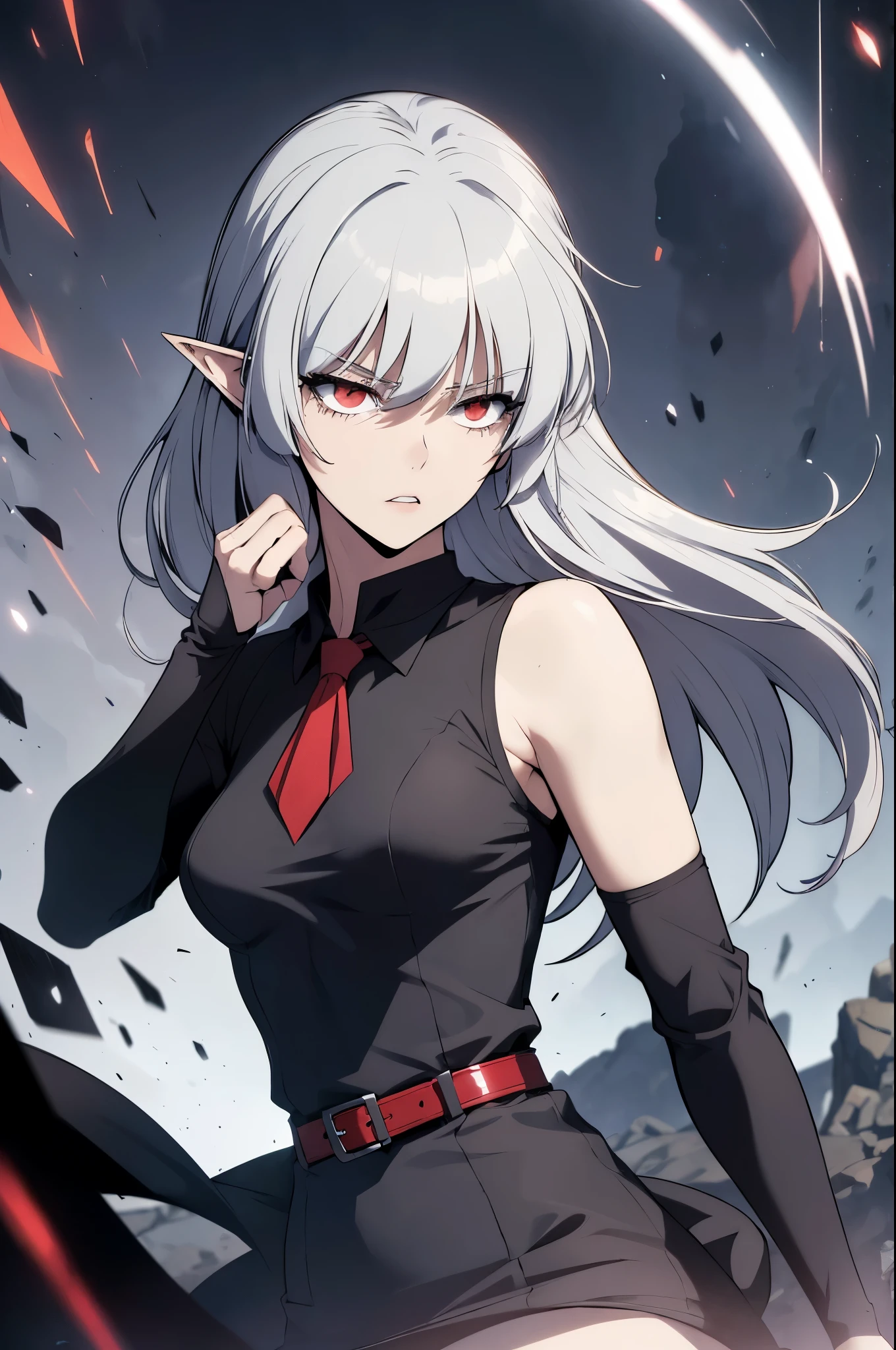 alice,vampire,grey hair, long hair, red eyes, pointy ears, small breasts,4k, raw camera, highres, detailed, masterpiece, portrait, aesthetic, beautiful, best quality, highly detaile, best quality clothing, aesthetic clothings, professional angle, rule of thirds, Feminine, delicate, beautiful, 19 years, attractive, solo, 1 girl, (Akame), (In the Abandoned park), (Upper Body ), ((From Front)), (Night), ((Serious)), (Very Long Hair,  Very Straight Hair, Irregular Fringe, loose hair Hair, - in hair), (Open Eyes, , Natural Eyes, Impetuous Gaze Gaze), Light Skin, (Standing), ((-)), -, -, (Closed Mouth), (Natural Lips), (Average Bust), ((Arms Down)), ((Black one-piece dress with armhole sleeves), Mini black skirt, Red Belt with protector on the left side, red Tie, (High quality Clothing), ( Neckline)), beautiful body, beautiful eyes, shiny eyes, shiny hair, beautiful mouth, beautiful lips, beautiful face
