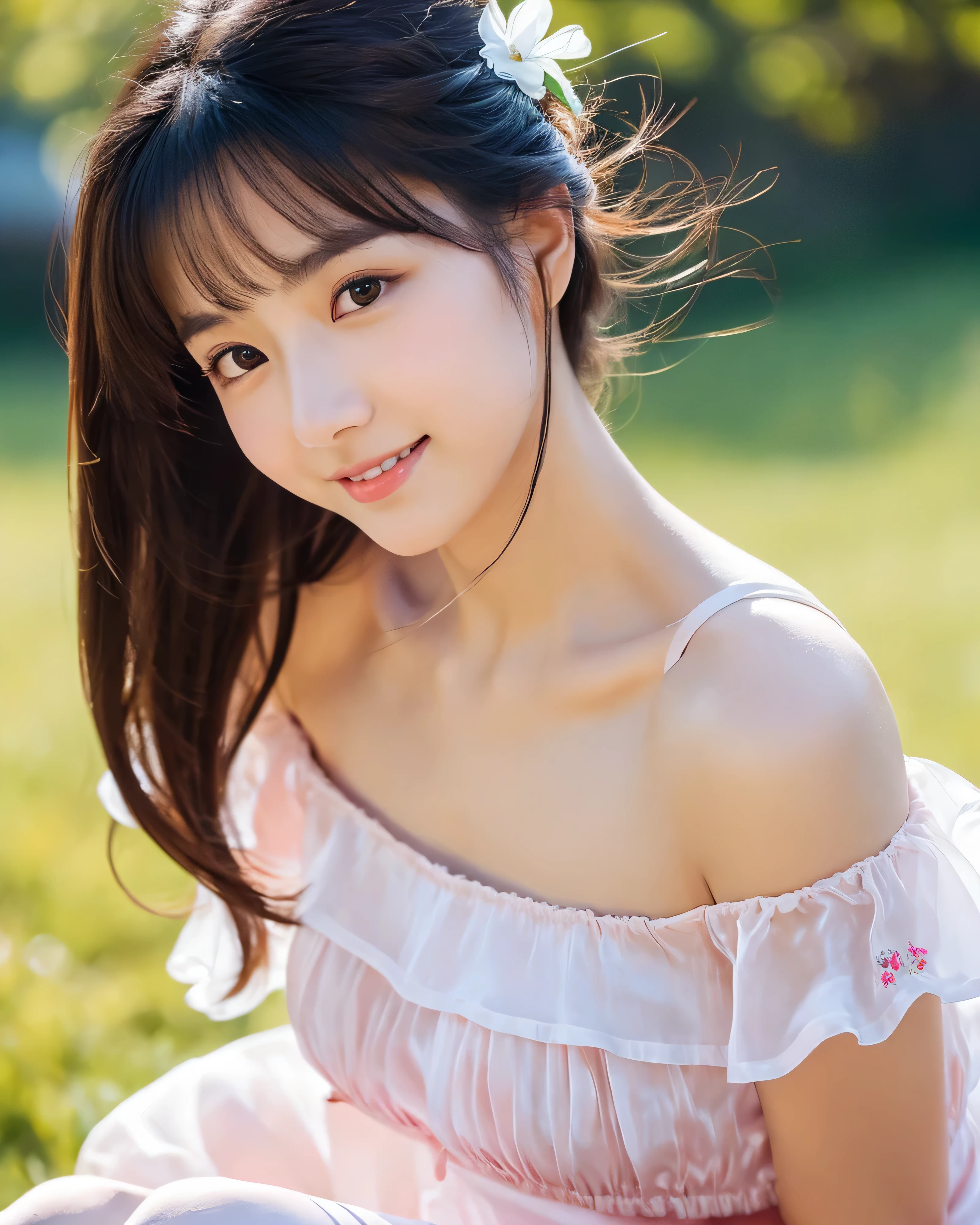 ((highest quality, 32k, High resolution, masterpiece:1.5, ), A happy landscape that gives you a sense of warmth, Japanese very cute and beautiful girl, 13 years old, (Happy), glossy black hair, Glossy super long smooth hair, beautiful bangs, hair between eyes, Beautiful eyes like jewels, obviously double, Beautiful lips of pale pink, gentle smile, (white silk dress), off shoulder, mini skirt, Detailed and perfect clavicle, High resolutionの美しい胸元, High resolutionの美しい太もも, Absolute area, beautiful feet, sitting, cowboy shot, Beautiful countryside, grassland, top of the hill, colorful small flowers, soft sunlight, Blowing in the wind of fluttering hair, beautiful detailed sky, professional photographer, professional lighting, professional model