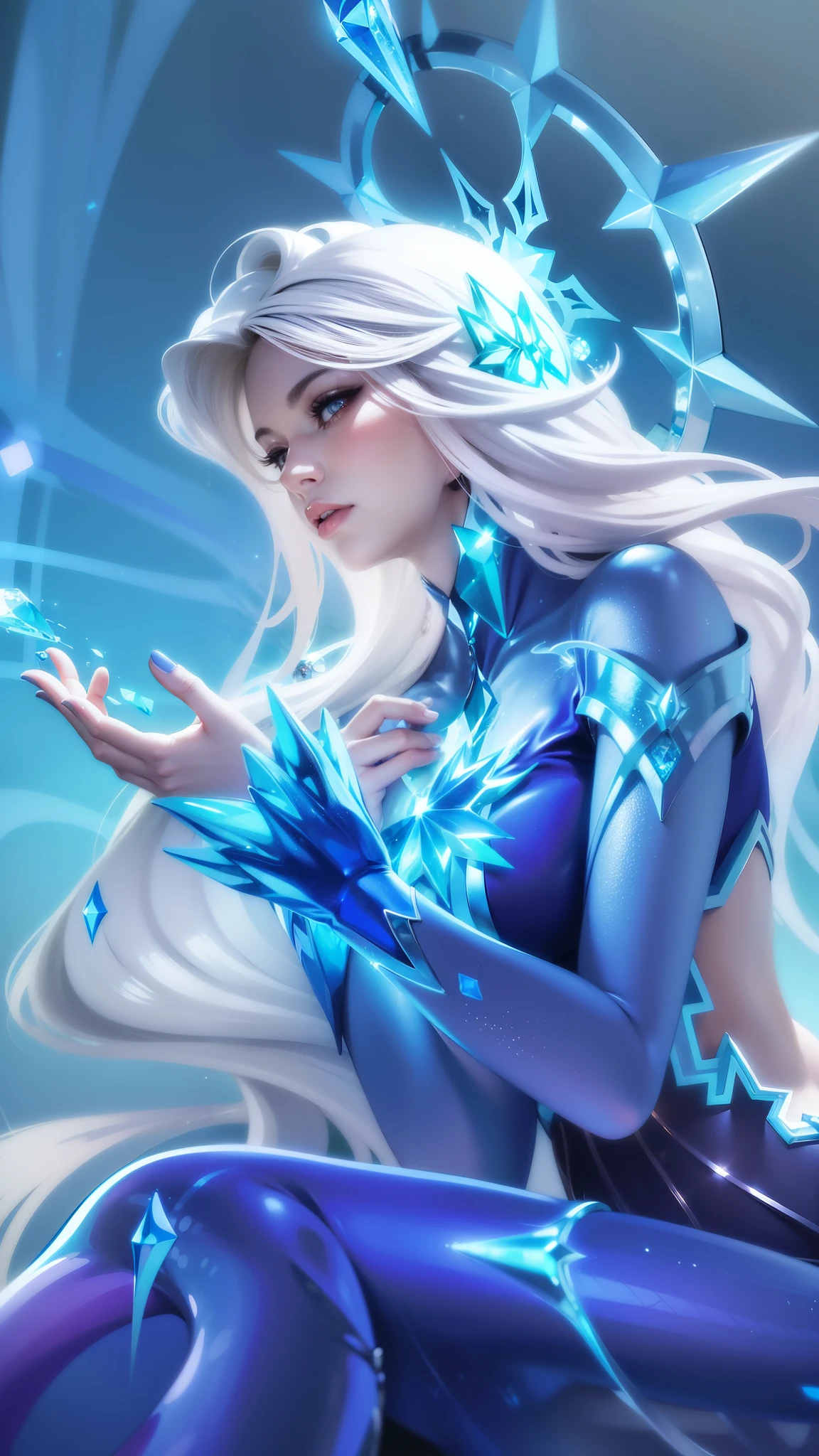 (8k, RAW photo, photorealistic:1.25) , woman - style illustration of a woman dressed in blue sitting on a ledge, ice sorceress, queen of ice and storm, ice mage, crystalline skin, ice queen, ig model | artgerm, ice spell, beautiful celestial mage, beautiful ancient frost witch, extremely detailed artgerm, crystal maiden, elsa, ! dream artgerm, icey