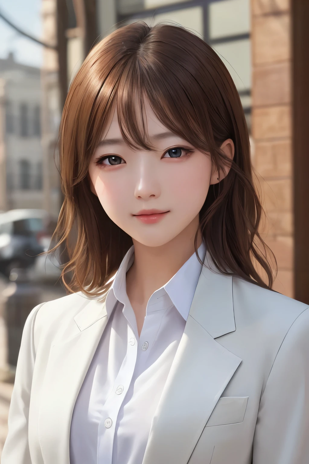 超A high resolution、masterpiece、highest quality、
highly detailed face、detailed eye、very complicated、、perfect shiny shiny skin、perfect lighting、detailed lighting、dramatic shadow、ray tracing、
1 girl、Upper body、tailored jacket、white shirt、looking at the viewer、(slight smile:0.4)