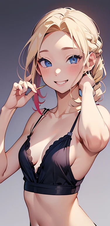Realistic、1house wife、blonde hair、braid、blue eyes、(eye focus:1.3,face focus,upper body),(gradient eyes:1.3),(camisole sexy panties
)、(happy smile:1.3),single braid,cute face、teeth、(finger to mouth)、(tareme:1.3),(small breasts:1.3),