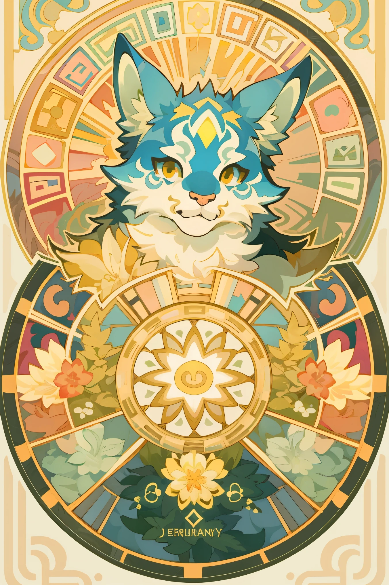 top quality, best quality, kaleidoscope, rzminjourney, vector-art, High-quality illustrations by Alfons Mucha, masterpiece(kemono, furry anthro)logo mark, round, colorful flower,