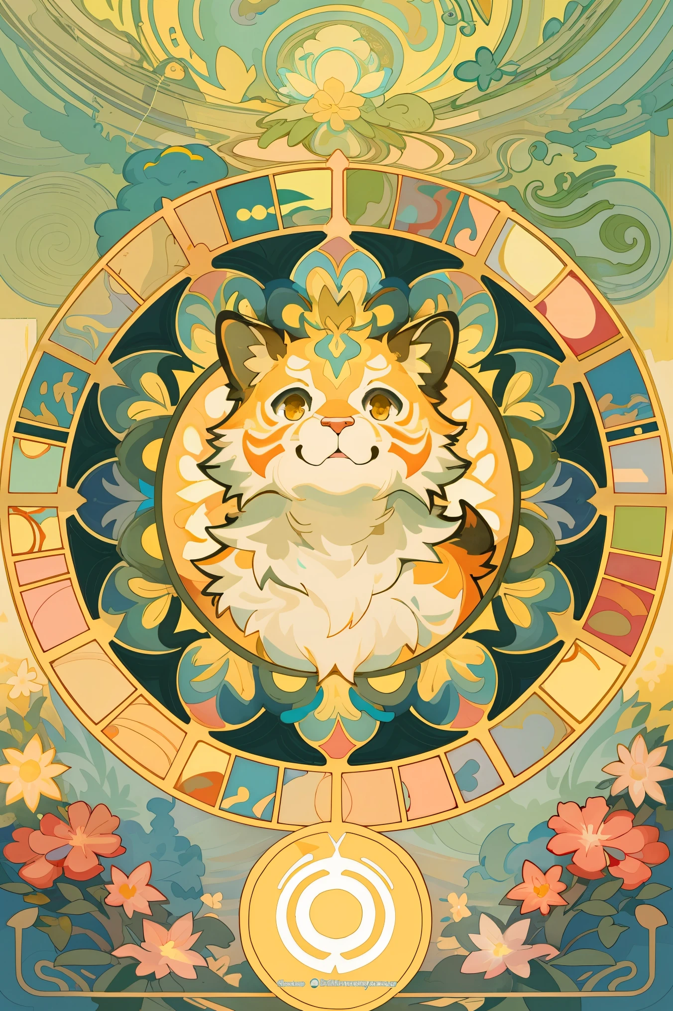 top quality, best quality, kaleidoscope, rzminjourney, vector-art, High-quality illustrations by Alfons Mucha, masterpiece(kemono, furry anthro)logo mark, round, colorful flower,