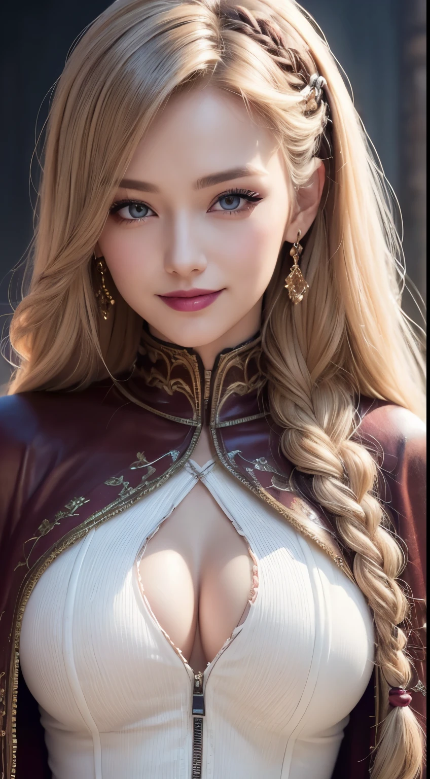 Unbeatable masterpiece, Ultra photo realsisim, Perfect artwork, Intricate details, Best quality, Strong light, High contrast, steampunk pink Speerise High Neck Zip One Piece Unitard Full Body(Masterpiece) , (Best quality) , (extremely detailed wallpaper CG unity 8k) , (best character detail:1.36), marshes, (delicated lines:1.24), (fantasy), (Cold light:1.2) , blue superhero cape, Color splattering , Colorful, colorful background, detailed eyes, love eyes, dark maroon lipstick, detailed eyeshadows, brown eyes, white pillars background, multi-braided blonde hair, smiling, looking at viewer, 1girl, matured girl, (long hair:1.2), high high quality