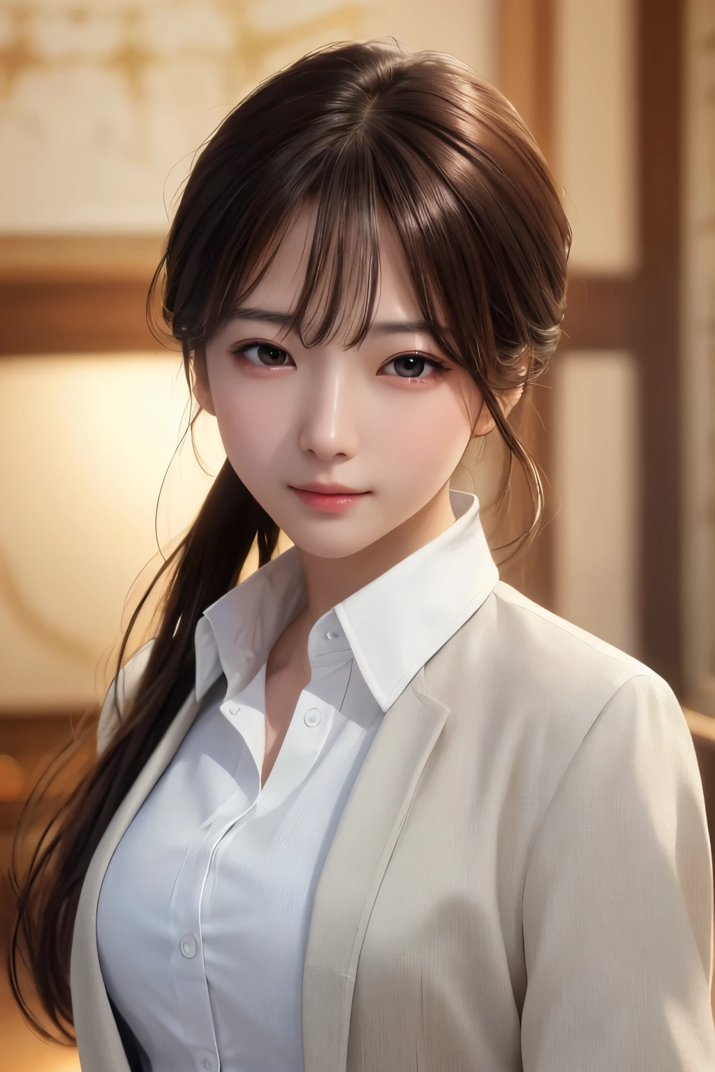 超A high resolution、masterpiece、highest quality、
highly detailed face、detailed eye、very complicated、、perfect shiny shiny skin、perfect lighting、detailed lighting、dramatic shadow、ray tracing、
1 girl、Upper body、tailored jacket、white shirt、looking at the viewer、(slight smile:0.4)