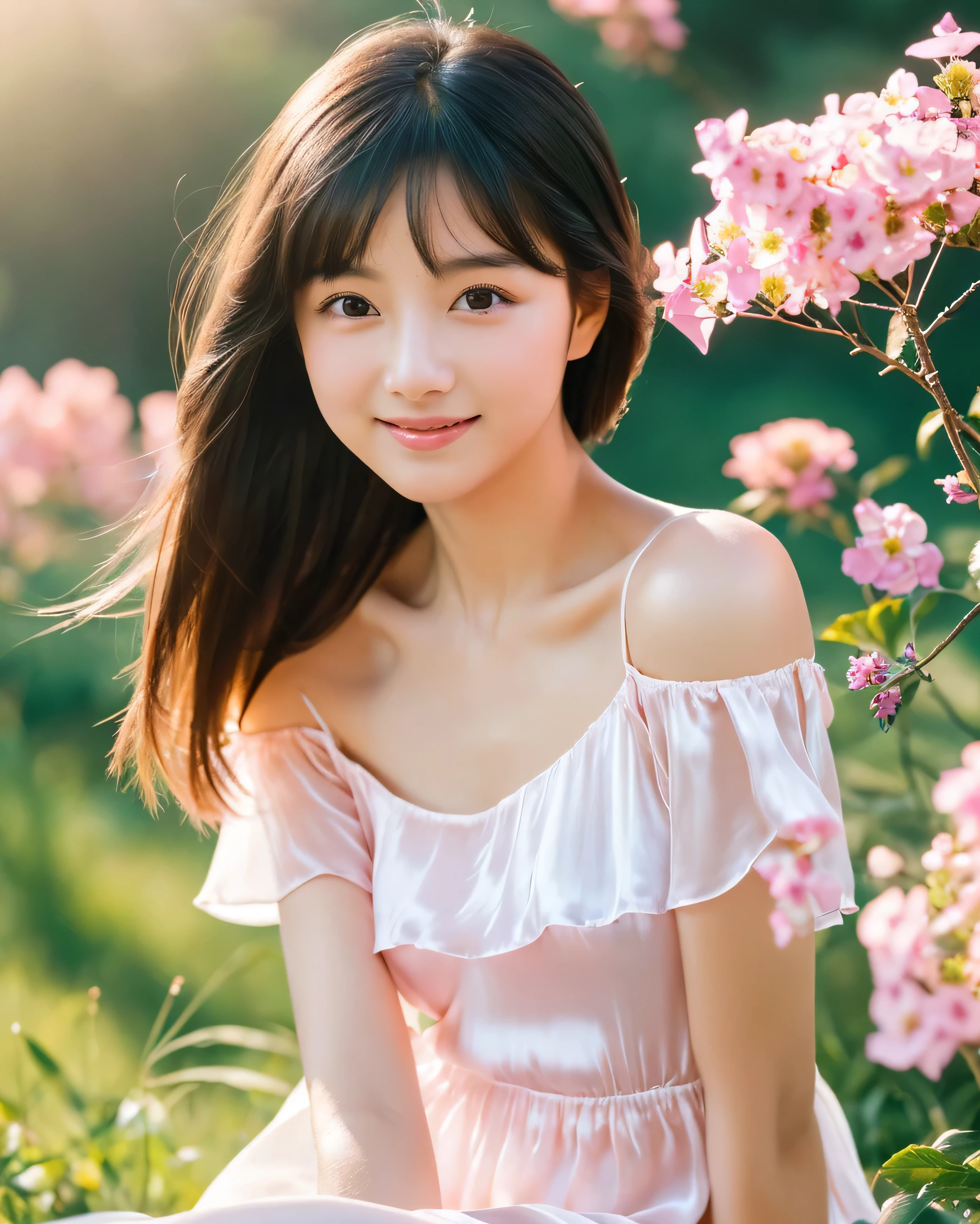 ((highest quality, 32k, High resolution, masterpiece:1.5, ), A happy landscape that gives you a sense of warmth, Japanese very cute and beautiful girl, , (Happy), glossy black hair, Glossy super long smooth hair, beautiful bangs, hair between eyes, Beautiful eyes like jewels, obviously double, Beautiful lips of pale pink, gentle smile, (white silk dress), off shoulder, mini skirt, Detailed and perfect clavicle, High resolutionの美しい胸元, High resolutionの美しい太もも, ((Absolute area:1.3)), beautiful feet, sitting, cowboy shot, Beautiful countryside, grassland, top of the hill, colorful small flowers, soft sunlight, Blowing in the wind of fluttering hair, beautiful detailed sky, professional photographer, professional lighting, professional model