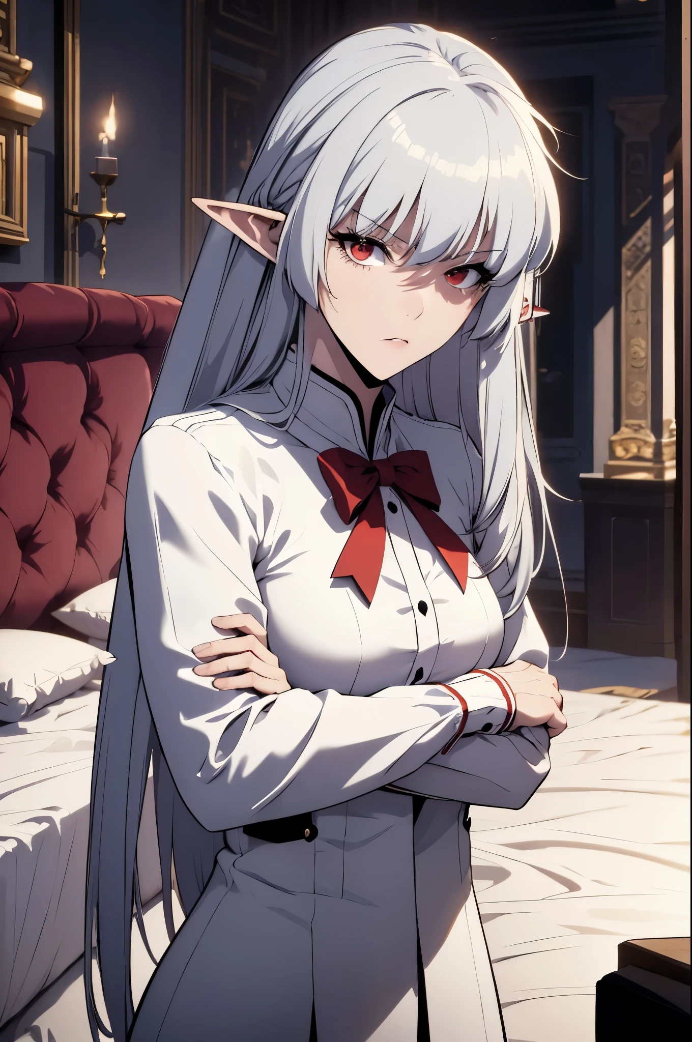 alice,vampire,grey hair, long hair, red eyes, pointy ears, small breasts,(best quality,4k,8k,highres,masterpiece:1.2) violet evergarden, brooch, hair intakes, braid, , white tuxedo ,white pants, white gloves, 1girl, solo,bedroom, medium breasts, braid, bedroom, white dress, red ribbon,crossed arms, wedding
