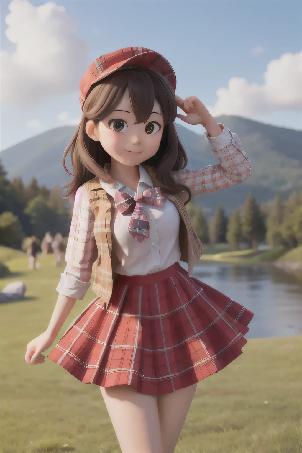masterpiece, high quality best quality,1girl, bangs, beach, blue_sky, blush, bow, breasts, checkered, checkered_shirt, checkered_skirt, cloud, cloudy_sky, collarbone, day, envelope, giving, grass, hair_bow, heart, holding, holding_letter, horizon, incoming_gift, kazami_yuuka, leaning_forward, lens_flare, letter, light_rays, long_hair, looking_at_viewer, love_letter, mountain, mountainous_horizon, ocean, outdoors, plaid, plaid_background, plaid_bikini, plaid_bow, plaid_bowtie, plaid_bra, plaid_dress, plaid_headwear, plaid_jacket, plaid_legwear, plaid_necktie, plaid_neckwear, plaid_panties, plaid_pants, plaid_ribbon, plaid_scarf, plaid_shirt, plaid_skirt, plaid_vest, pov, shirt, skirt, sky, smile, solo, sun, sunbeam, sunlight, tree, unmoving_pattern