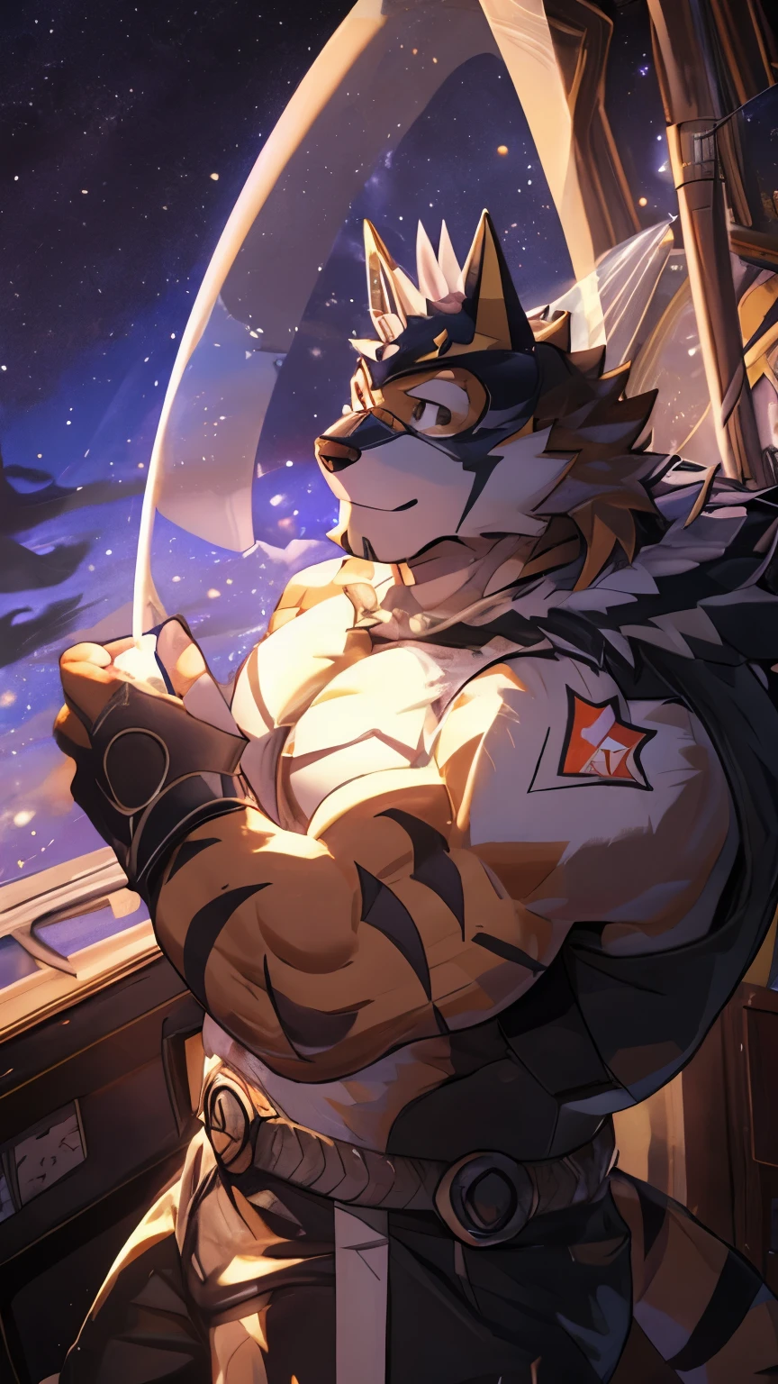 Anthropomorphic, (Solo), Ryekie, Single, Male, Muscle, Lonely, 45 years old, in King clothes, airplanes ship, Perfect scaling, Masterpiece, High Definition, Best Drawing, by Nullghostart, stars approaching, in the tower alone watching from above, Embrace the Sky, Stargazing, Beautiful atmosphere, Lighting, on the space, Reaching the stars