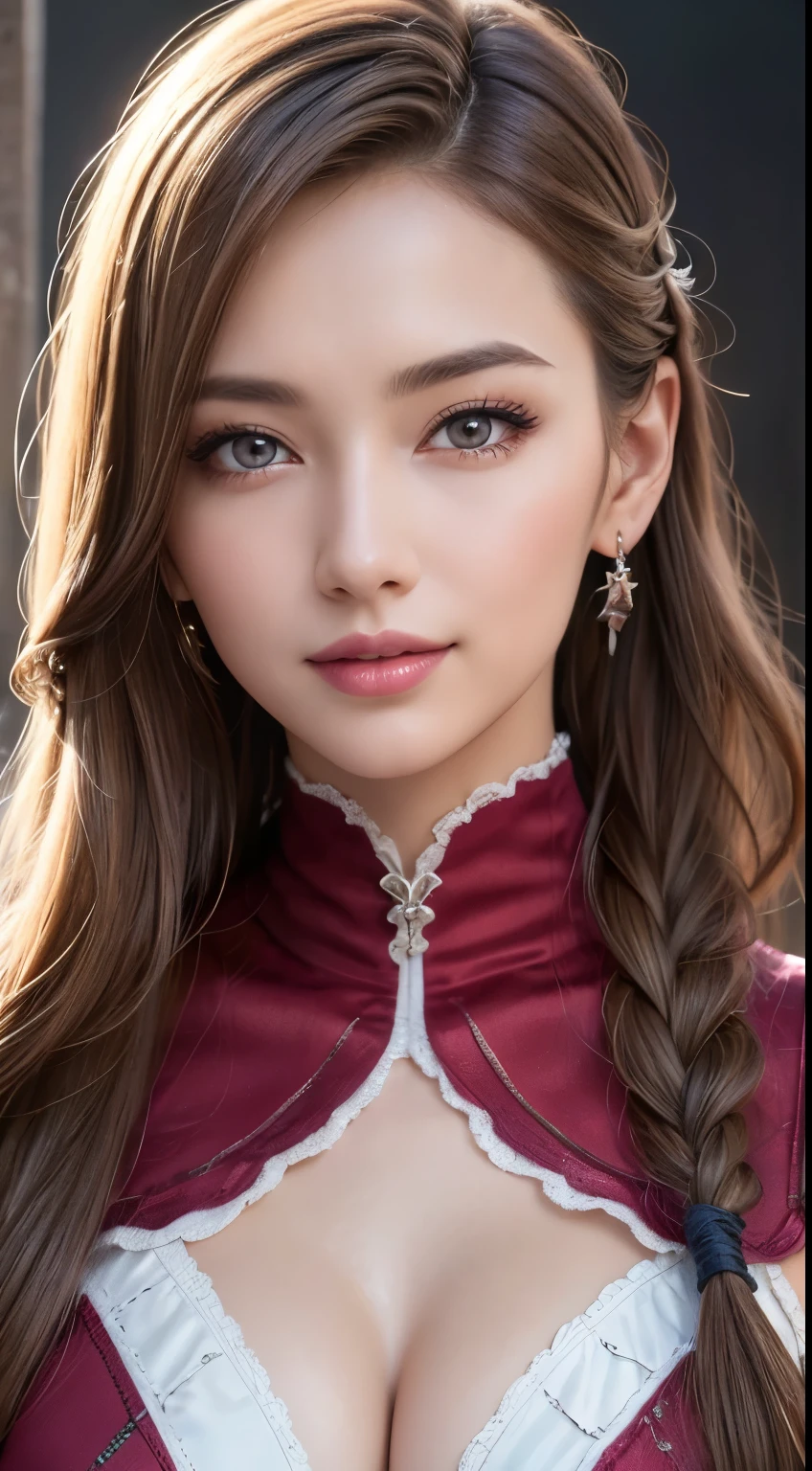Unbeatable masterpiece, Ultra photo realsisim, Perfect artwork, Intricate details, Best quality, Strong light, High contrast, steampunk pink Speerise High Neck Zip One Piece Unitard Full Body(Masterpiece) , (Best quality) , (extremely detailed wallpaper CG unity 8k) , (best character detail:1.36), marshes, (delicated lines:1.24), (fantasy), (Cold light:1.2) , blue superhero cape, Color splattering , Colorful, colorful background, detailed eyes, love eyes, dark maroon lipstick, detailed eyeshadows, brown eyes, white pillars background, multi-braided blonde hair, smiling, looking at viewer, 1girl, matured girl, (long hair:1.2), high high quality