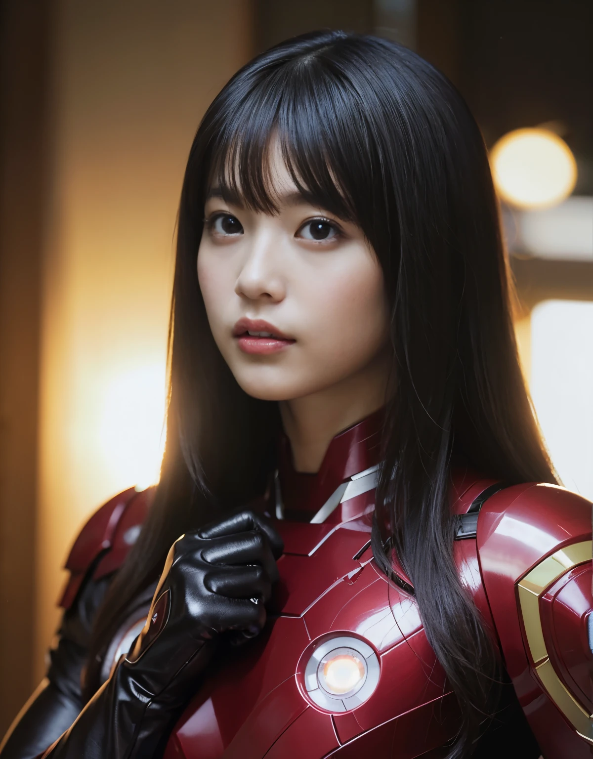 (1 girl)、highest quality、masterpiece、超A high resolution、(Photoreal:1.4)、Raw photo、1 girl、(Wearing a black Iron Man costume made of super shiny latex)、Marvel characters、long sleeve,、Iron Gloves、Portrait、Shadow、octane rendering、8K、super sharp、Metal、intricate decorative details、Japan details、very intricate details、Close-up、realistic light、(mysterious look)、CG Society Trends、shining eyes、towards the camera、Small LED
