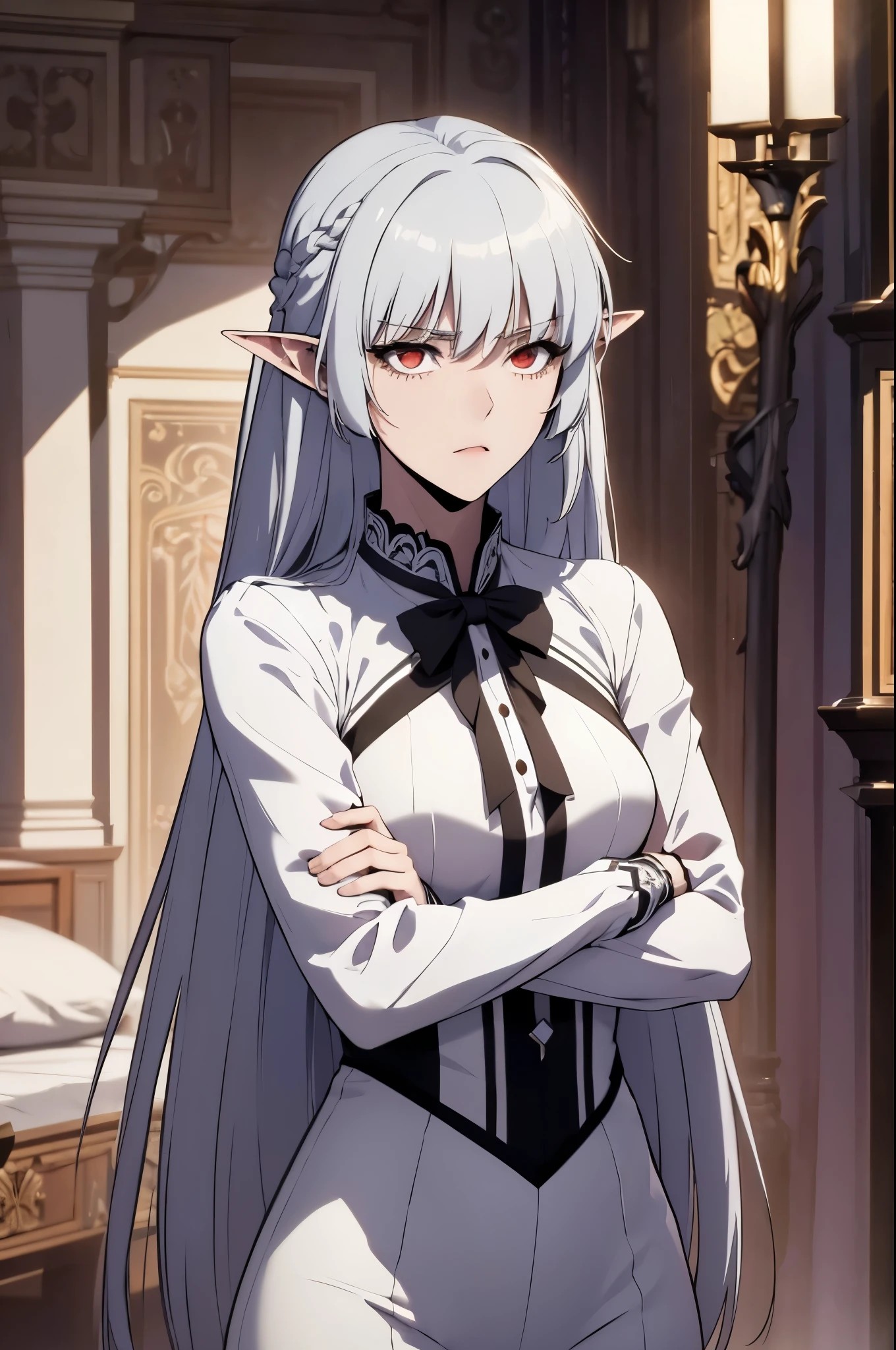 alice,vampire,grey hair, long hair, red eyes, pointy ears, small breasts,(best quality,4k,8k,highres,masterpiece:1.2) violet evergarden, brooch, hair intakes, braid, , white tuxedo ,white pants, white gloves, 1girl, solo,bedroom, medium breasts, braid, bedroom, white dress, red ribbon,crossed arms, wedding