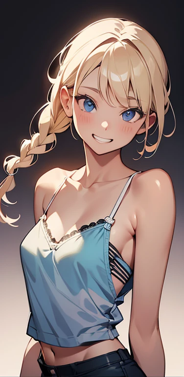 Realistic、1house wife、blonde hair、braid、blue eyes、(eye focus:1.3,face focus,upper body),(gradient eyes:1.3),(camisole　sexy　panties
)、(grin smile:1.3),(single braid),cute face、teeth、(tareme:1.3),(small breasts:1.3),