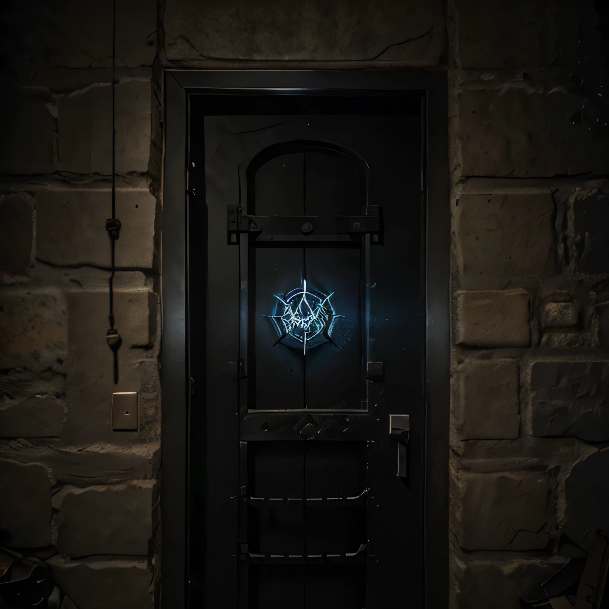 Uma porta de metal no centro de uma parede de pedra, em uma masmorra escura, com alguns scripts misteriosos, desenhando como dark netlix, a time symbol on the door