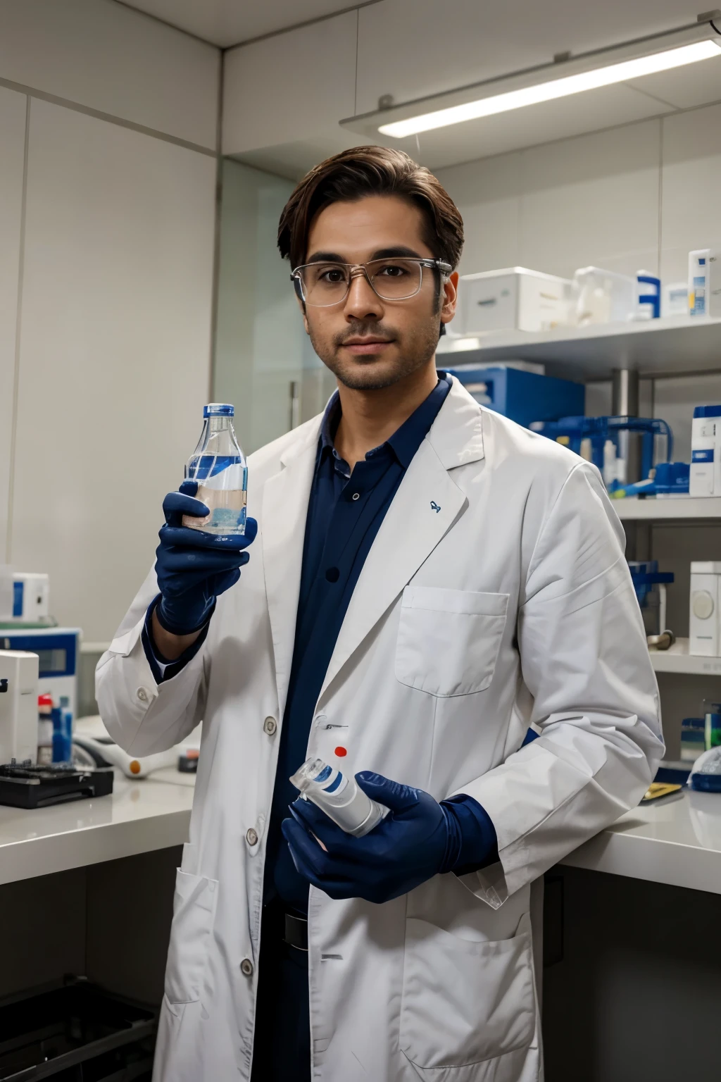 A male scientist in a white coat stands in front of laboratory equipment, holding a small bottle of sparkling navy blue liquid, The laboratory is full of test tubes, garrafas, e equipamento, no estilo do grupo de arte das estrelas xing xing, 32k, Melhor qualidade, obra de arte, super detalhe, detalhes altos