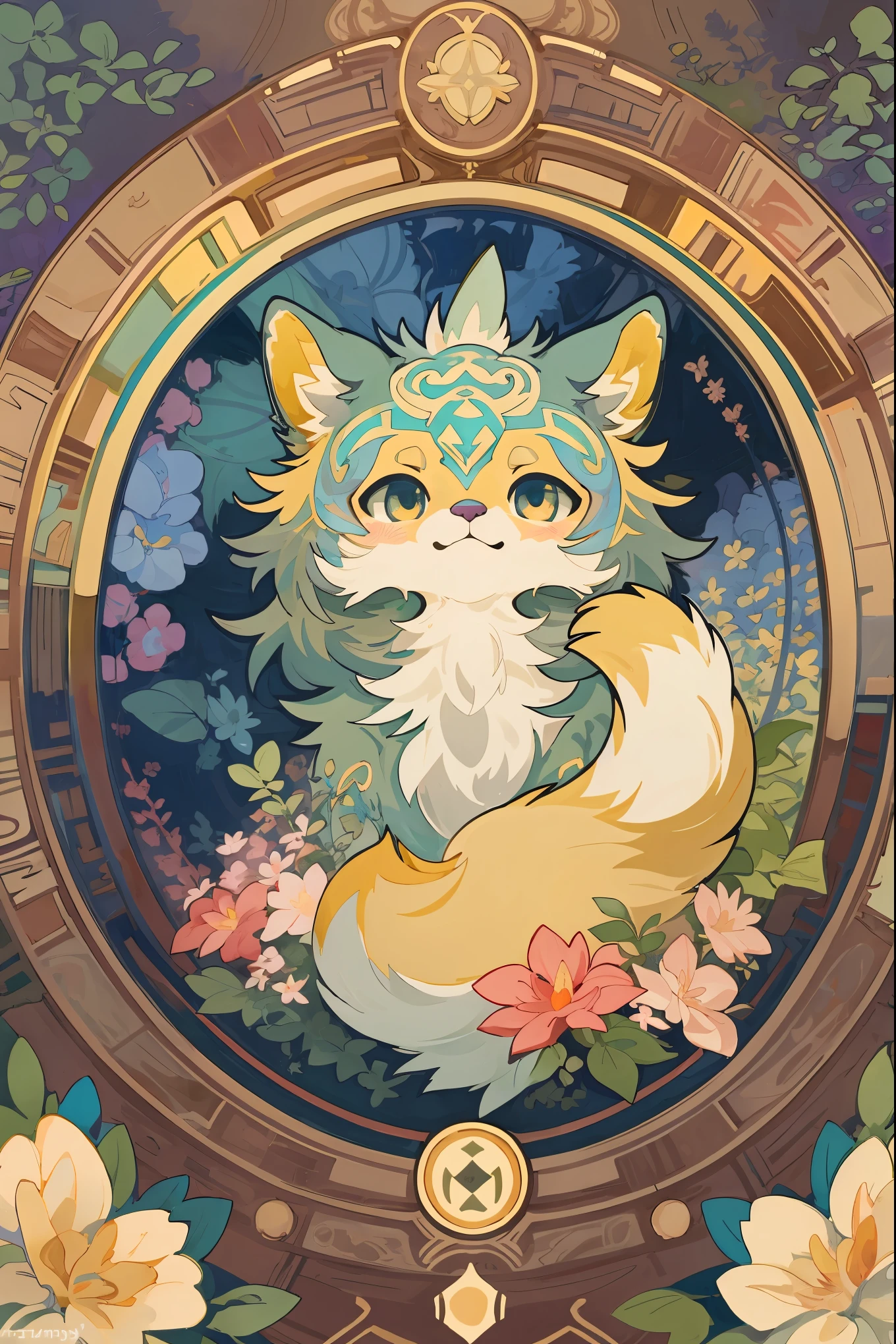 top quality, best quality, kaleidoscope, rzminjourney, vector-art, High-quality illustrations by Alfons Mucha, masterpiece(kemono, furry anthro)logo mark, round, colorful flower,