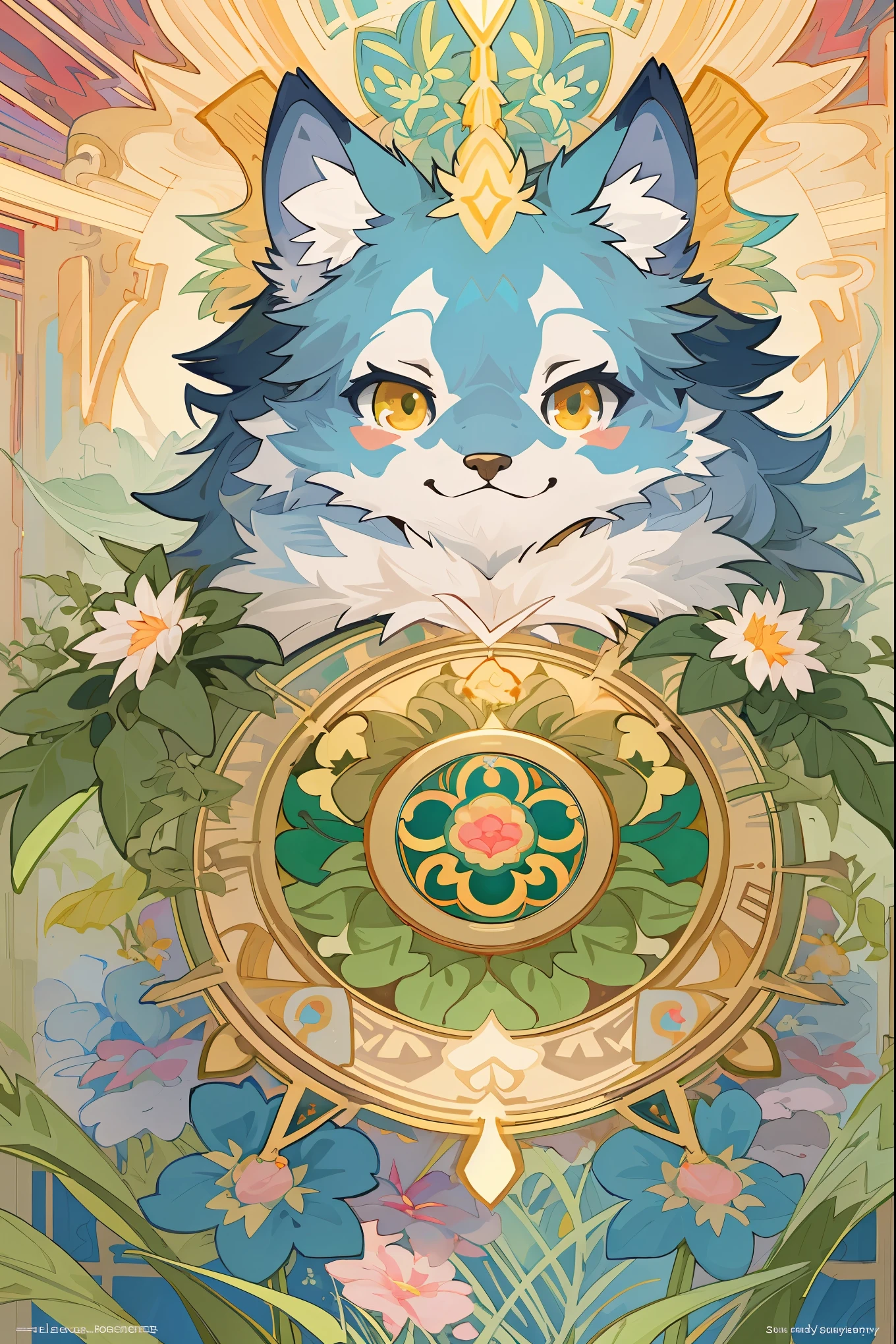 top quality, best quality, kaleidoscope, rzminjourney, vector-art, High-quality illustrations by Alfons Mucha, masterpiece(kemono, furry anthro)logo mark, round, colorful flower,