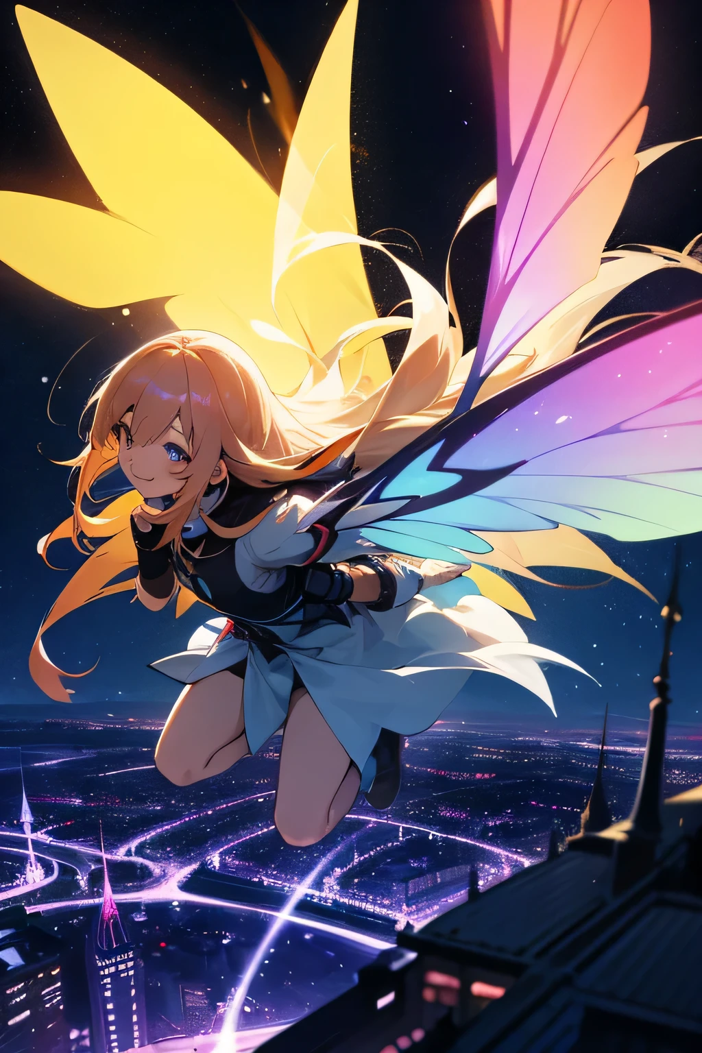 fairy, 1 girl, long hair blowing, wings, flying on the sky, city, light city, night, colorful, smile
