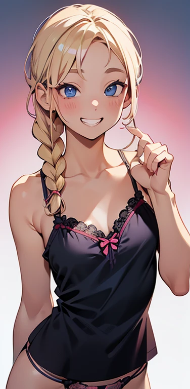 Realistic、1house wife、blonde hair、braid、blue eyes、(eye focus:1.3,face focus,upper body),(gradient eyes:1.3),(camisole　sexy　panties
)、(grin:1.3),(single braid),cute face、teeth、(tareme:1.3),(small breasts:1.3),