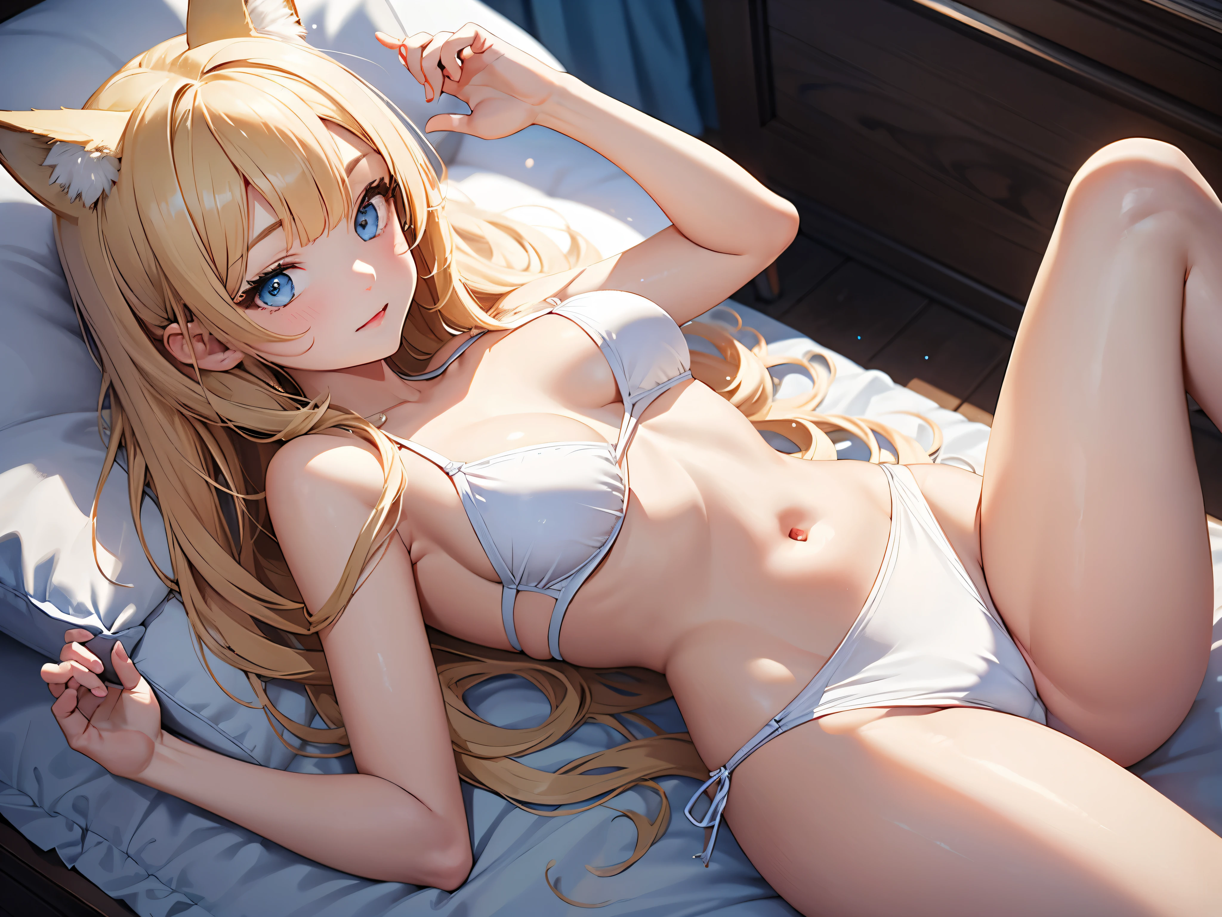 one girl、blonde、２０Year、long hair、[Mysterious Beautiful Girl]、white layered bikini、fox ears、bangs、blue eyes、looks fun、sparkling eyes、narrow eyes、bed、From thighs to head、On my back、classic、aerial perspective、Detailed image、atmosphere、(transparent),(Pure),Stained Sheet、pull panties