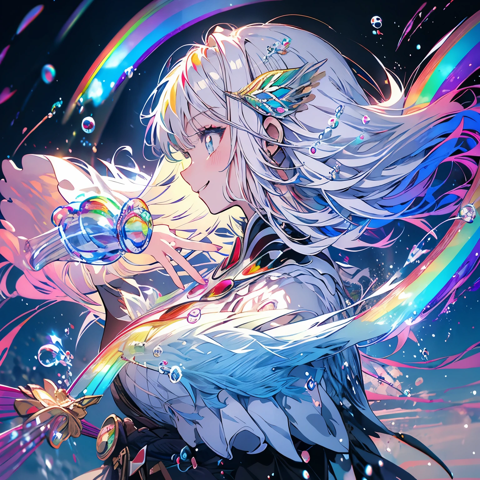 highest quality、masterpiece、anime girl、white hair、smile、Landscape、profile、(((lots of rainbow colored bubbles)))、Soap bubble、night sky、Stars shine