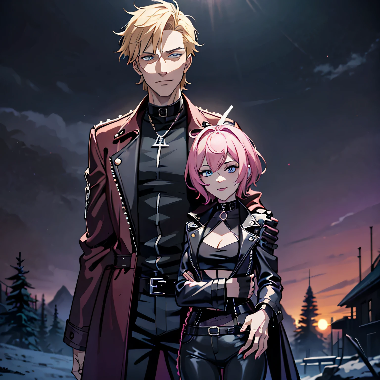 Hazbin Hotel style. Girl with short pink hair and turquoise eyes, wearing a black leather jacket and a purple top, and black leather pants. A creepy grin on his face. Next to her is a tall, handsome young man with golden hair and blue eyes., wearing a brown jacket and black pants. An atmosphere of chaos, horror, Beauty. Gloomy mountain pass background. Dynamics, крутость