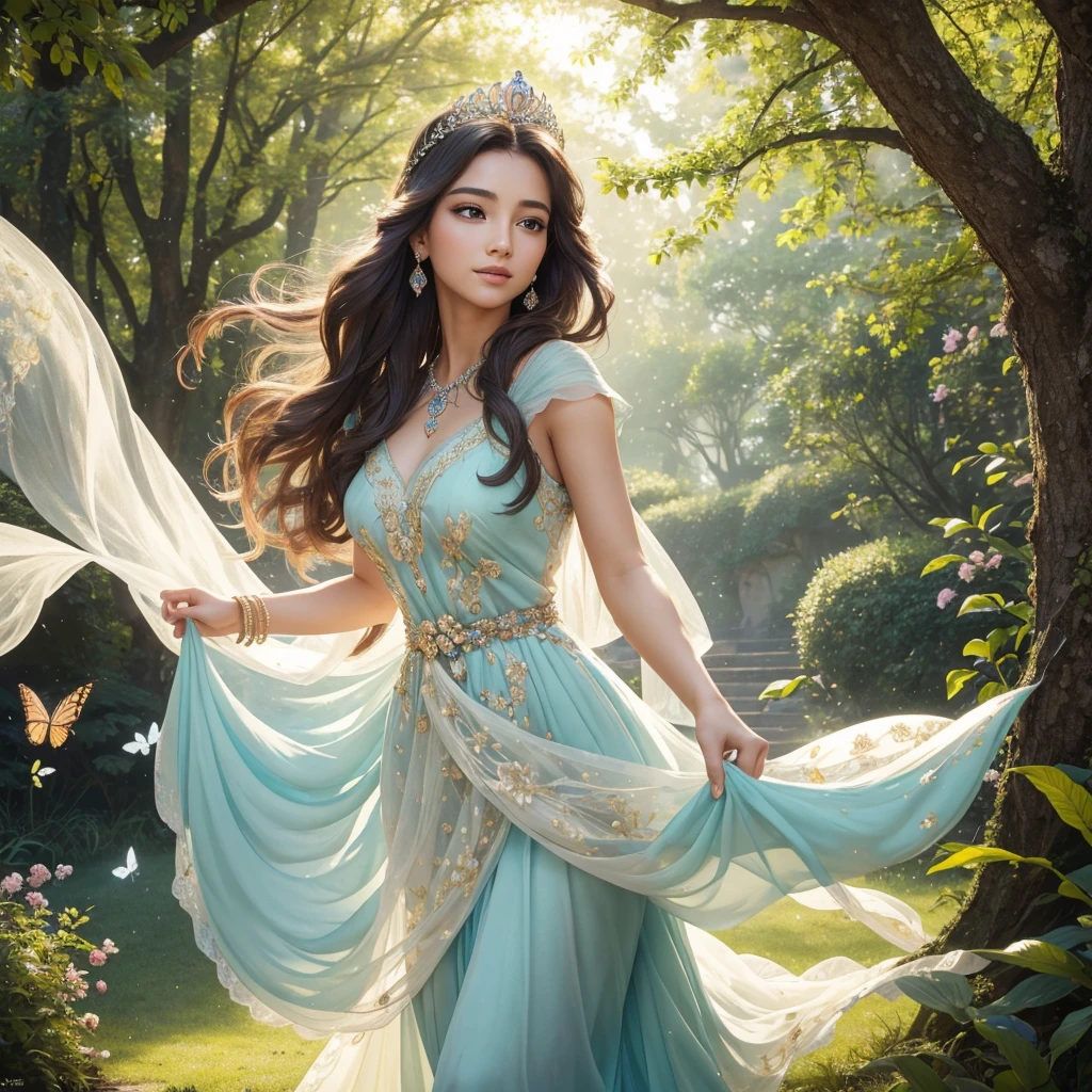 (best quality,4k,8k,highres,masterpiece:1.2),ultra-detailed,(realistic,photorealistic,photo-realistic:1.37),portraits,fashion,beauty,romantic,vibrant colors,lively atmosphere,natural lighting,ethereal,flowing gown,flowers in her hair,sparkling tiara,graceful posture,soft and radiant complexion,beautifully defined features,intense gaze,enchanting smile,perfectly styled hair,crowned with elegance,princess in a blossoming garden,whispering winds,soft sunlight filtering through the trees,colorful butterflies dancing in the air,serene and majestic surroundings,peaceful and tranquil ambiance,her presence illuminates the scene like a fairytale,embodiment of grace and charm,royal aura,empowering and confident,fearless and adventurous,her spirit shines through her eyes,love and kindness emanating from her soul,creating a world of beauty and inspiration.