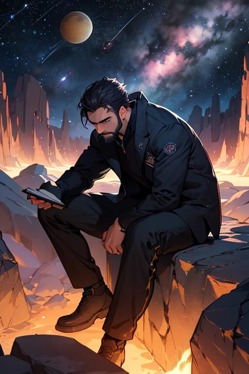 Draw a young programmer, sitting on a research platform with a hot lady floating in the middle of an asteroid belt. He is studying with a notebook, surrounded by several asteroids glowing with fiery auras. Dramatic lighting from distant stars and planets illuminates the scene, casting deep shadows on the suit. The young man looks confident and determined, looking at the vast and mysterious universe with wonder and respect,facial hair, cowboy shot,