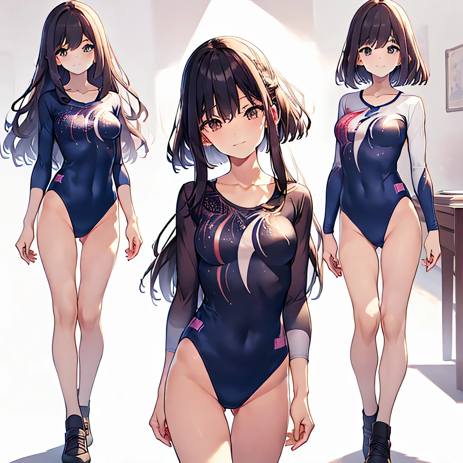 ((full body)),(masterpiece, highest quality), (3 girls 1.5) ,((contrasting:1.5)), looking at iniewer, walk,((in_arm:1.2)), wear gymnastics_longsleeines_leotard_outfit leotard:1.3), , BREAK masterpiece black hair, ((long hair:1.2)), ((parted bangs:1.3)), black eye, good hand, ((small breasts)), (oiner 20 years old, Under 25 years old:1.2), , Spotlight, Happy, smile, 教室in休憩